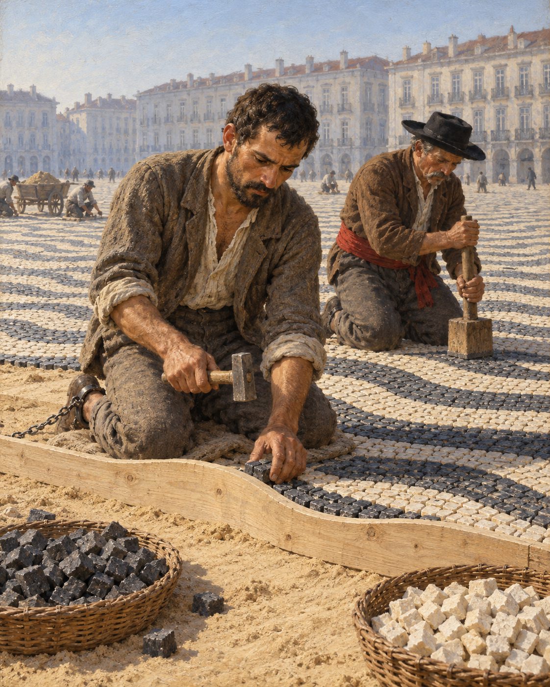 Pintura de um preso e de um calceteiro a calcetar o Rossio junto a uma forma de madeira, em 1849. Nesse ano, a obra continuava, já com menos grilhetas, e acabou por ser concluída com os calceteiros do Município. Figuras genéricas, não retratos.
