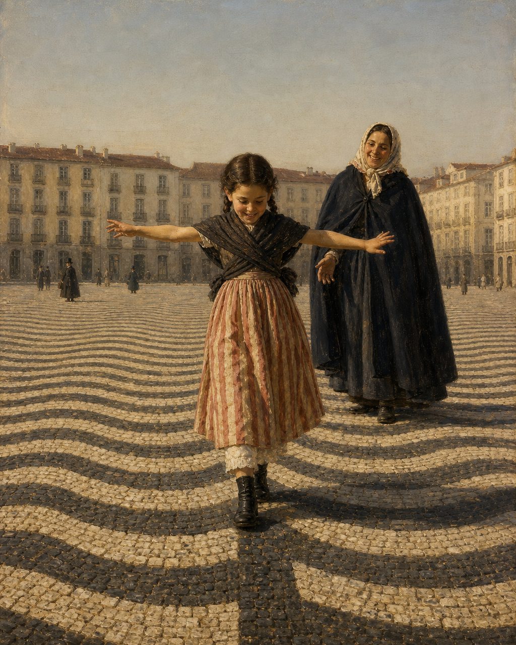 Pintura do Rossio nos primeiros anos da nova calçada, com o empedrado de ondas pretas e brancas já assente. Figuras genéricas, não retratos.
