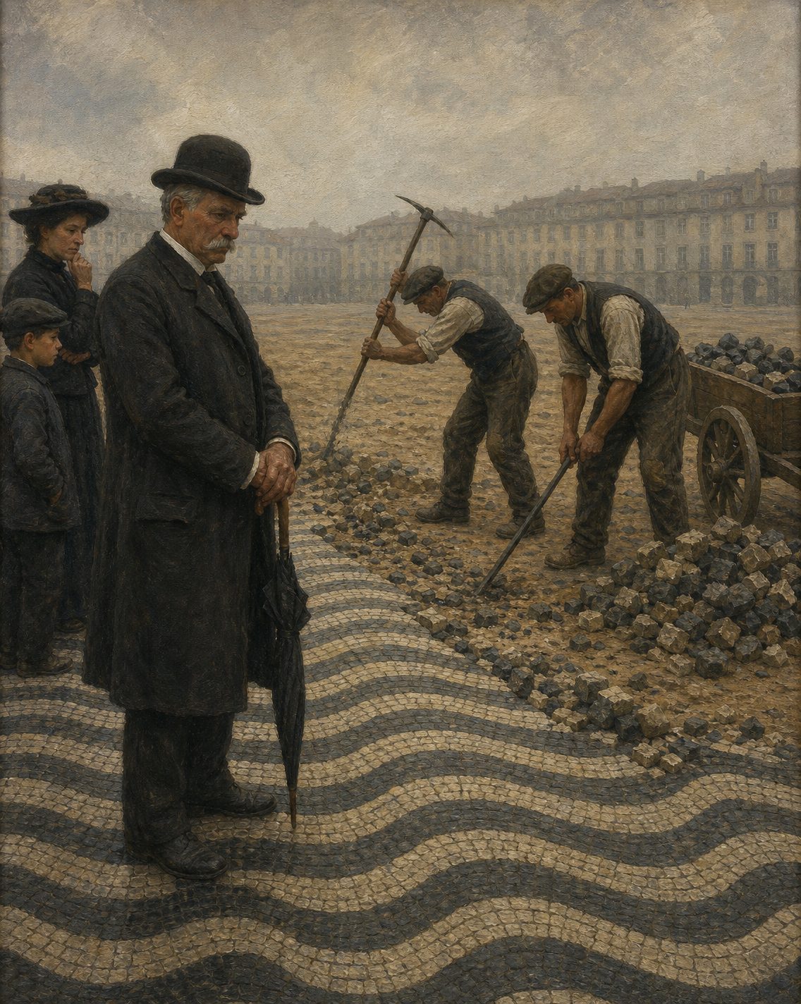 Pintura de trabalhadores a arrancar o empedrado de ondas do centro do Rossio, em 1919, por ordem da Câmara Municipal de Lisboa, para facilitar a circulação dos veículos. Figuras genéricas, não retratos.