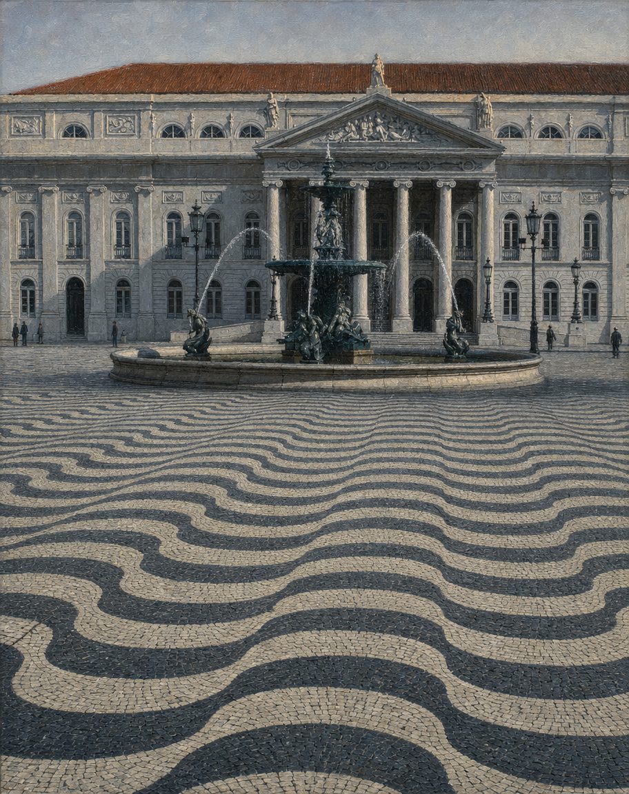 Pintura da calçada do Rossio nos nossos dias, a partir de uma fotografia real de Roede, de 2012 (CC BY-SA 3.0, Wikimedia Commons). O desenho das ondas voltou à praça na obra inaugurada em novembro de 2001, com calçada nova.
