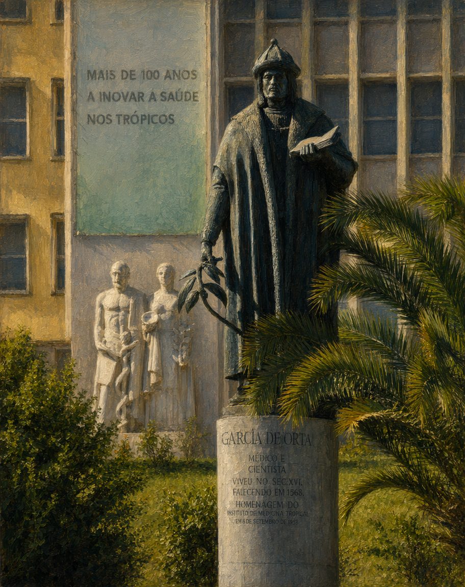 A estátua de bronze de Garcia de Orta, obra de Martins Correia (1958), no Instituto de Higiene e Medicina Tropical, em Lisboa. Segura um ramo e um exemplar dos «Colóquios».