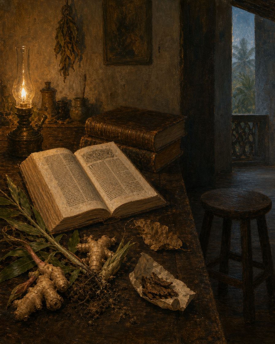 O livro aberto ao lado de plantas recém-colhidas — Orta confiava mais na planta diante dos olhos do que em qualquer texto clássico.