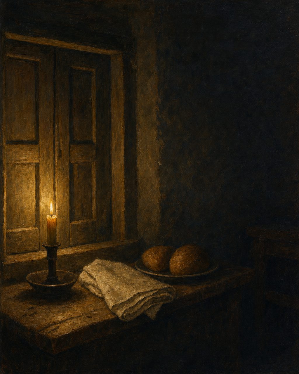 Uma vela, um pano dobrado, dois pães — o sinal discreto de uma fé guardada em segredo, atrás de janelas fechadas.
