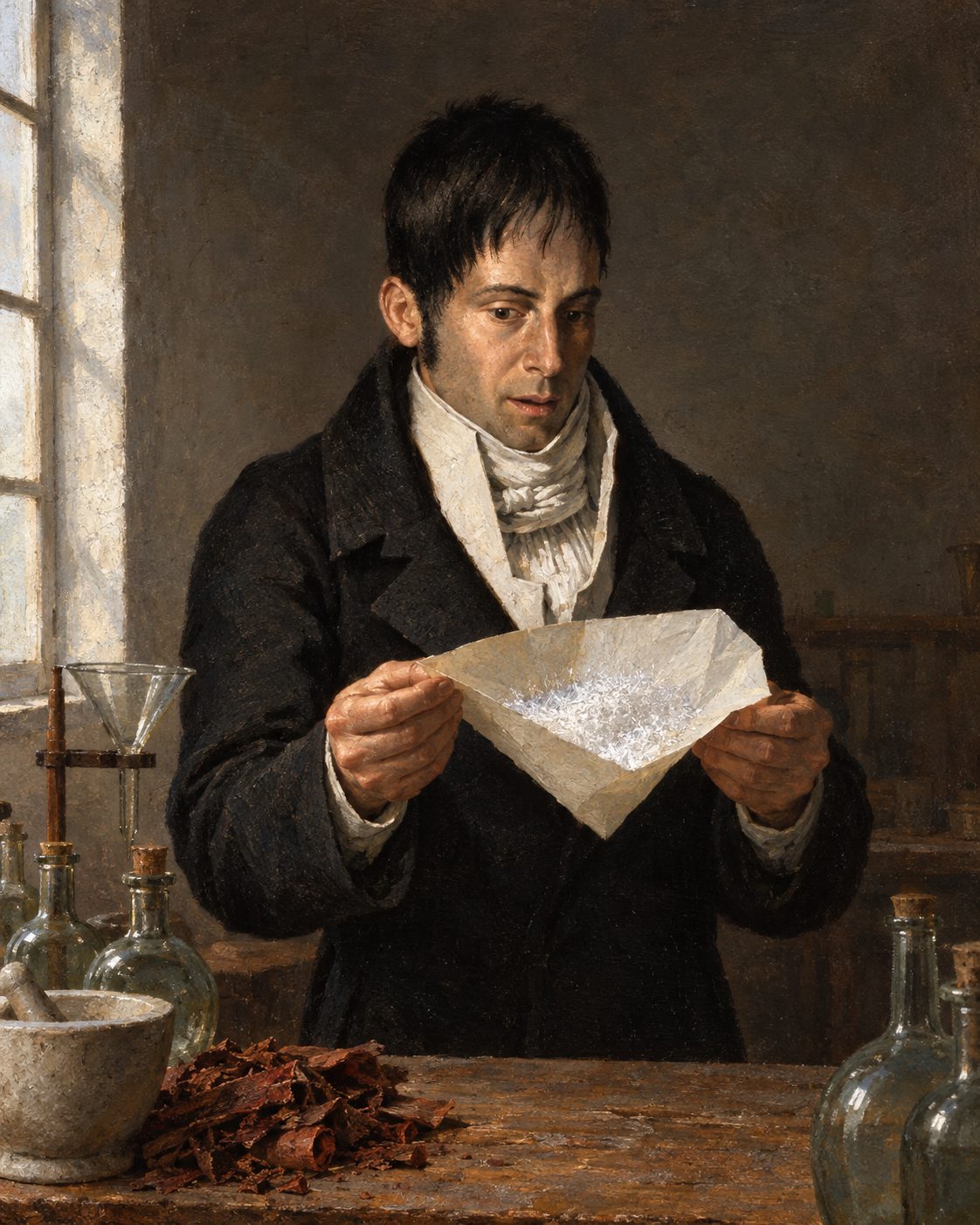 Evocação pintada de Bernardino António Gomes, em Lisboa, com os cristais brancos e finos tirados da casca da quina; o rosto segue o retrato litografado de Serrano.