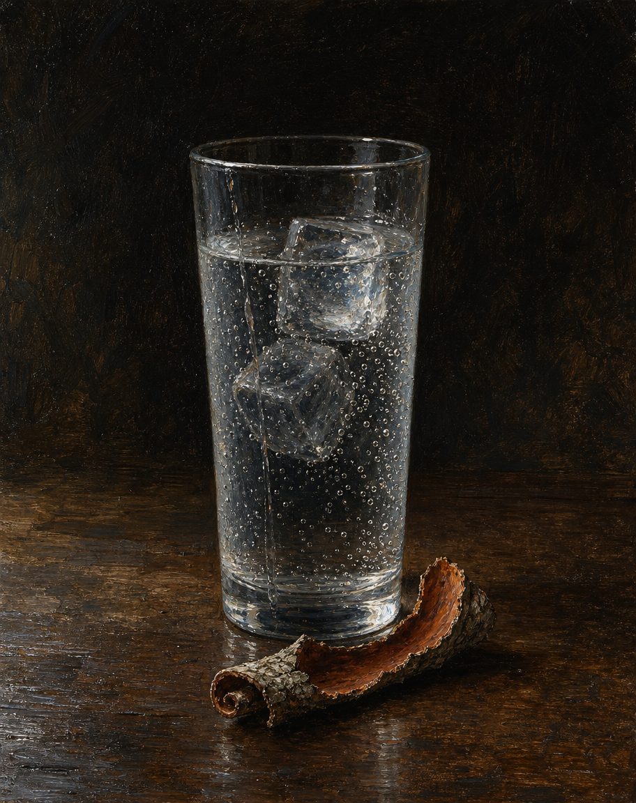 Pintura de um copo de água tónica e de uma casca de quina.