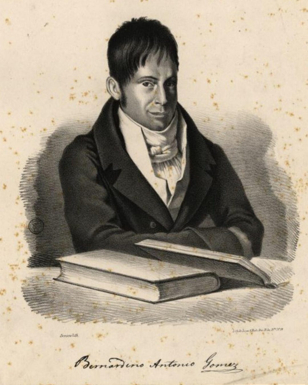 Bernardino António Gomes, em litografia de Serrano publicada em 1857, depois da sua morte (Biblioteca Nacional de Portugal, domínio público).