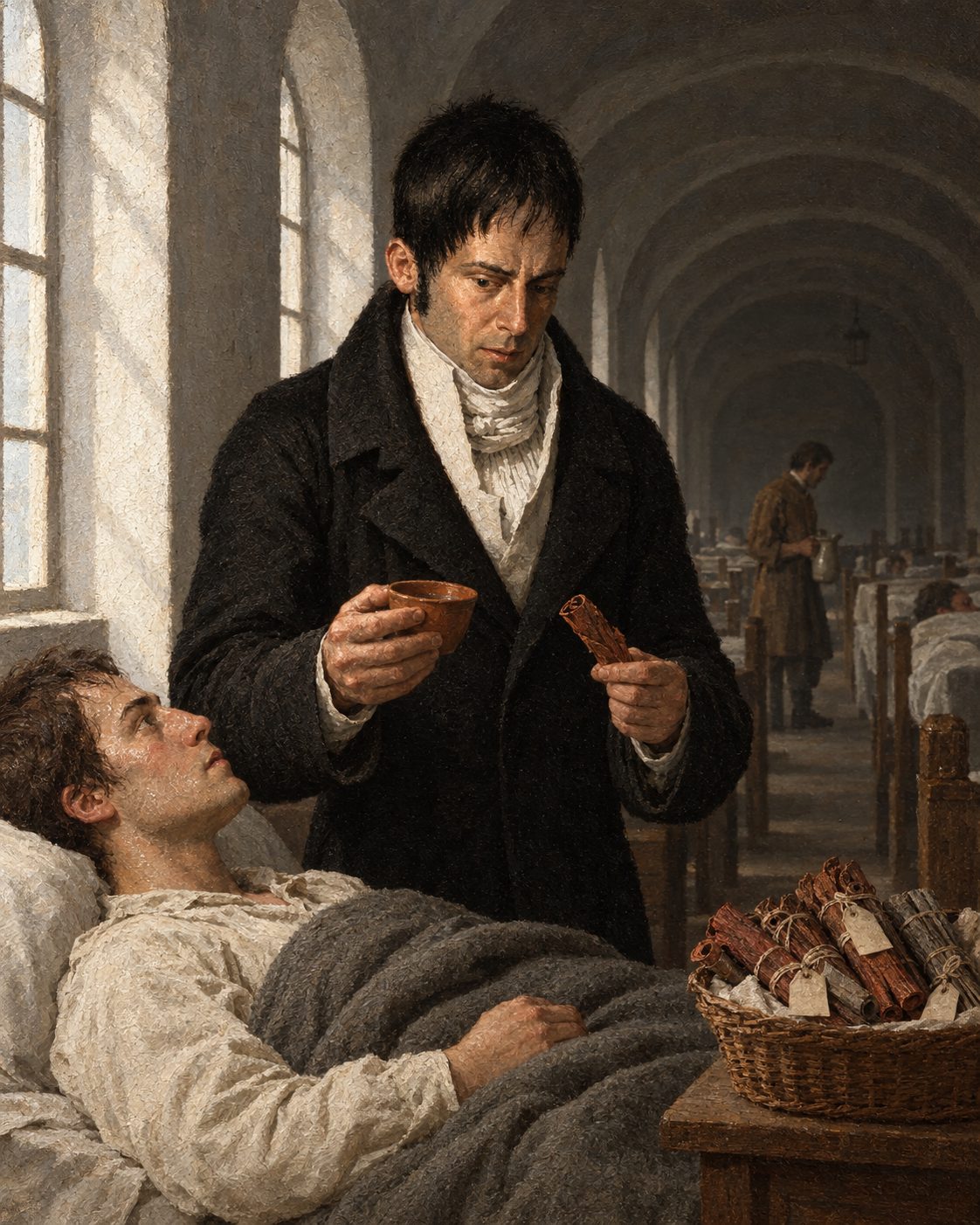 Evocação pintada de Bernardino António Gomes numa enfermaria, a experimentar nas febres as cascas vindas do Brasil (figuras imaginadas).