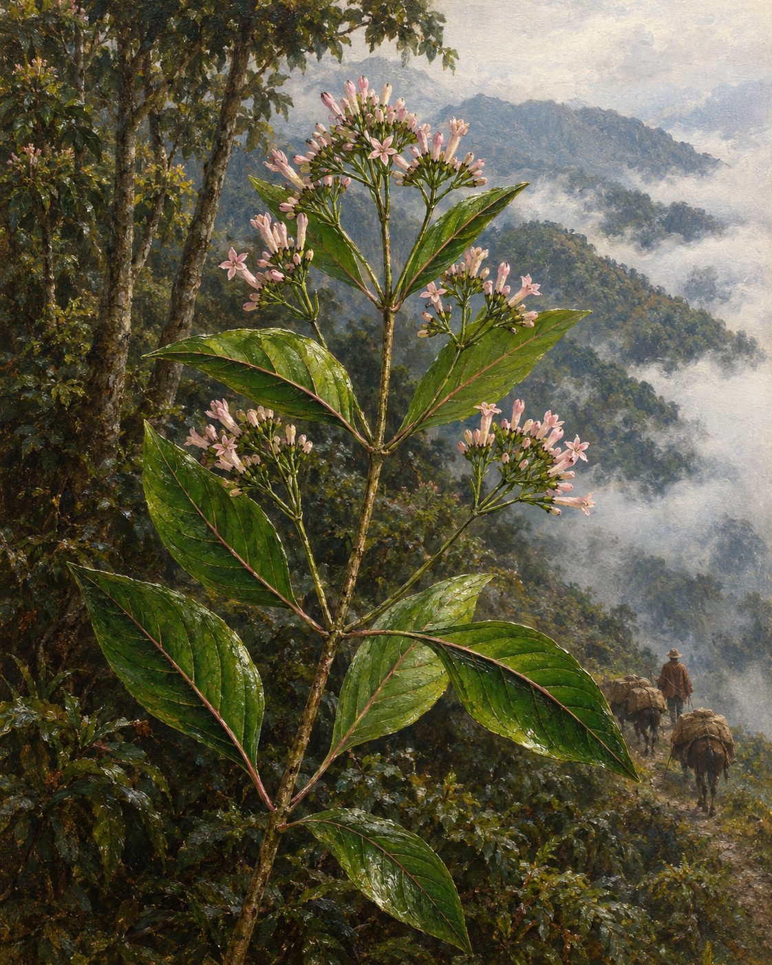 Pintura de uma quineira em flor numa encosta dos Andes, a partir de uma estampa botânica de Köhler.