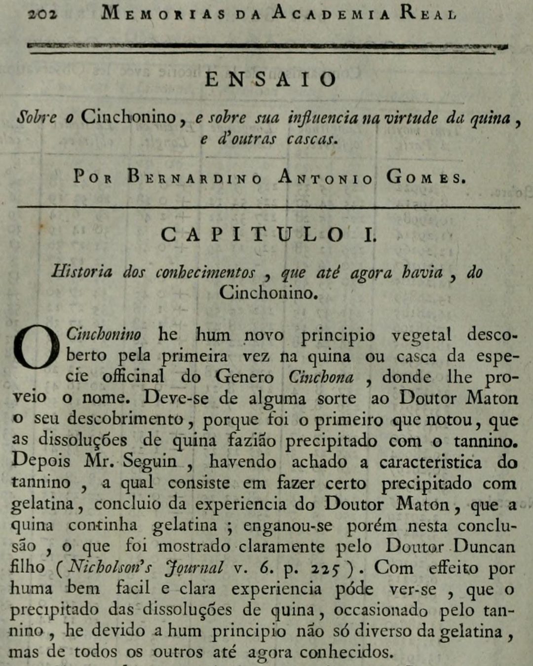 Primeira página do «Ensaio sobre o Cinchonino», de Bernardino António Gomes, nas Memórias da Academia Real das Ciências de Lisboa, impressas em 1812 (Natural History Museum Library, Londres, via Internet Archive; domínio público).