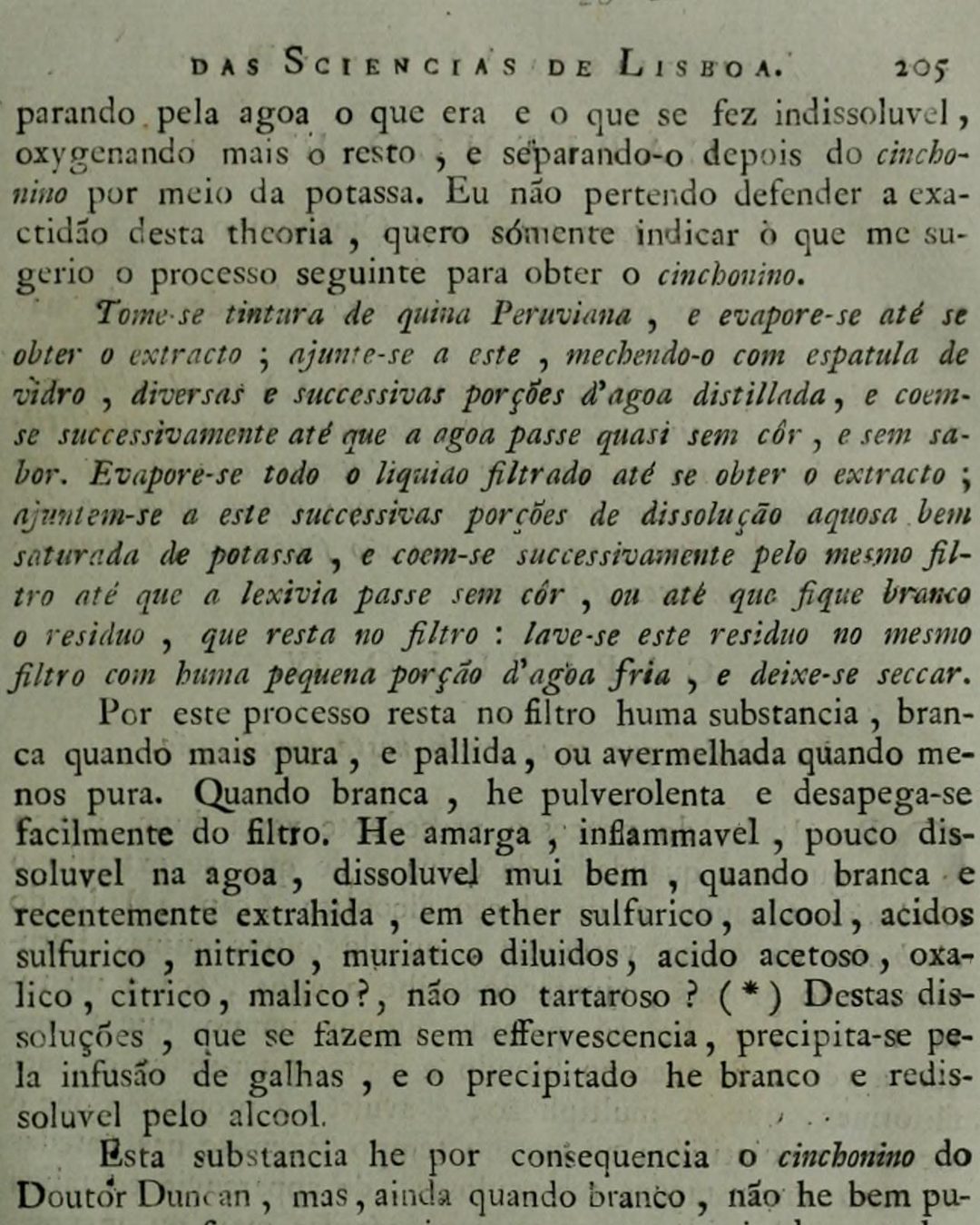 Página do ensaio de 1812 com o processo de Gomes para tirar o cinchonino da casca da quina (Natural History Museum Library, Londres, via Internet Archive; domínio público).