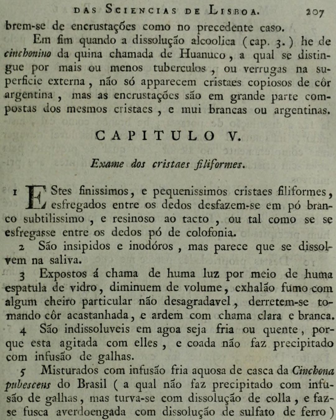 Página do ensaio de 1812 em que Gomes descreve os cristais filiformes e a chama clara e branca em que ardiam (Natural History Museum Library, Londres, via Internet Archive; domínio público).