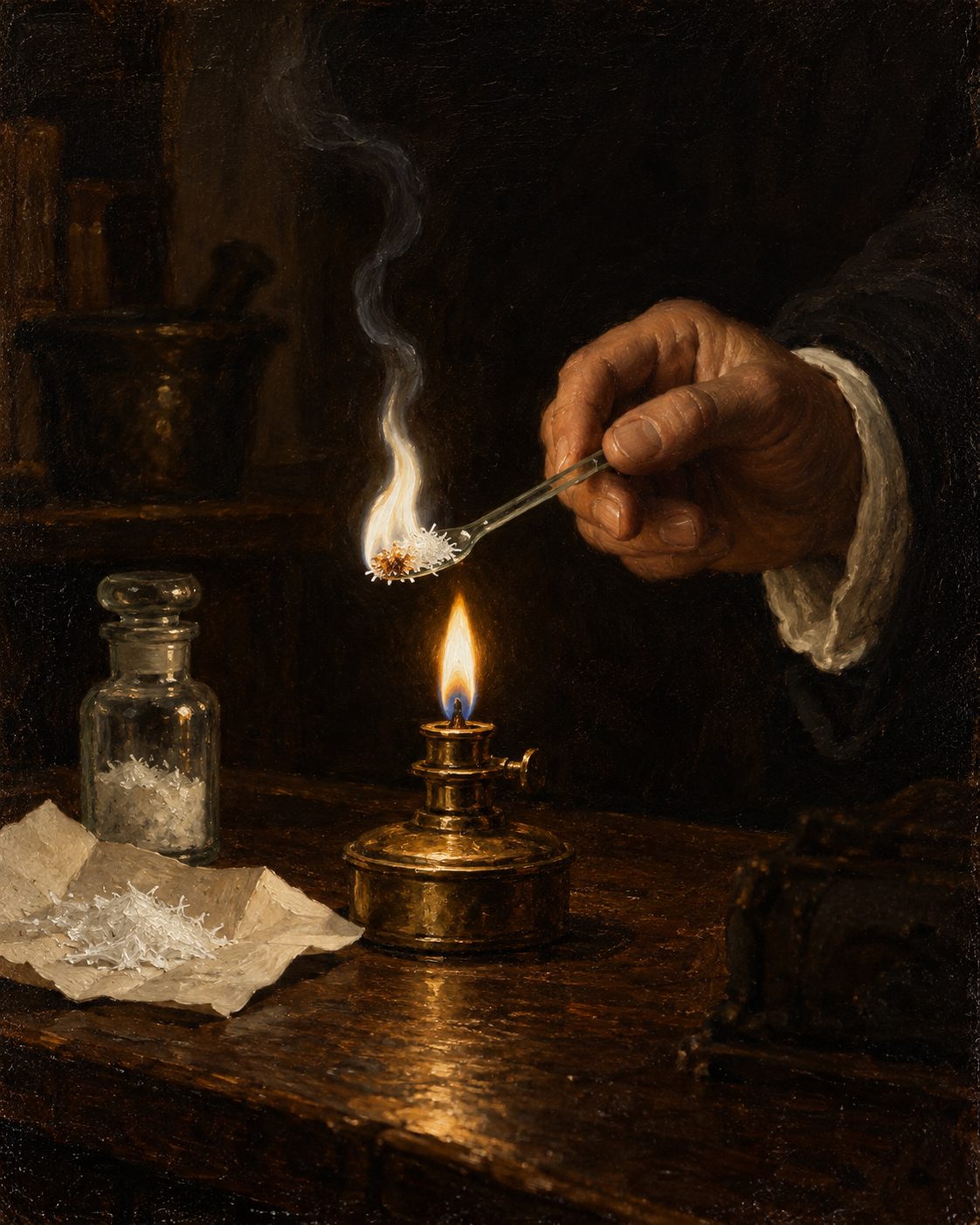 Pintura de cristais de cinchonino a arder sobre a chama, como Gomes os descreveu.