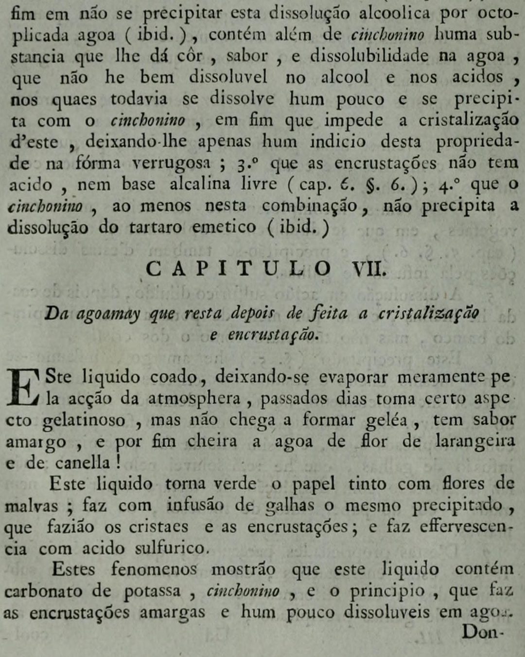 Página do ensaio de 1812 onde o líquido «cheira a agoa de flor de larangeira e de canella !» (Natural History Museum Library, Londres, via Internet Archive; domínio público).