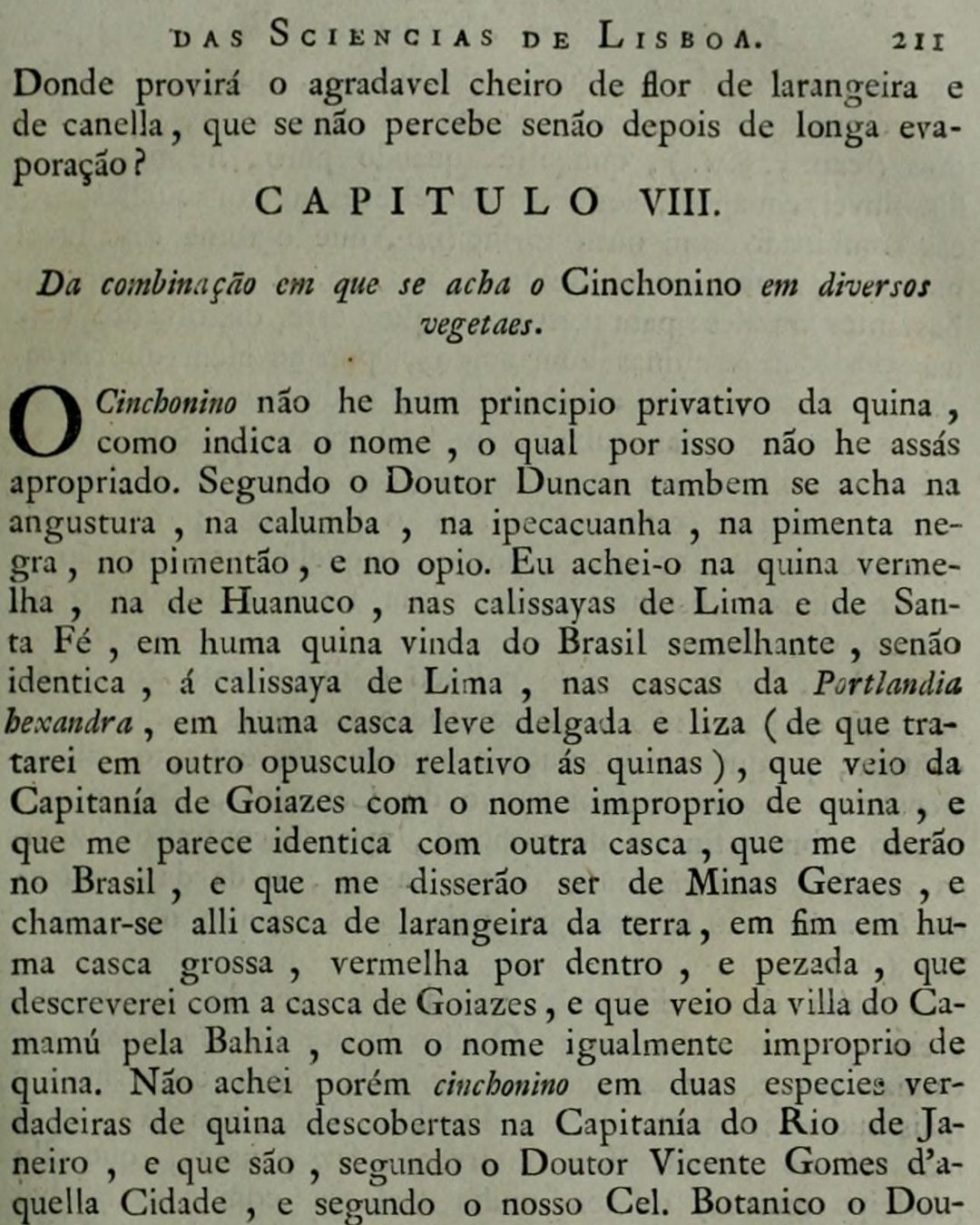 A pergunta que Gomes deixou impressa em 1812: «Donde provirá o agradavel cheiro de flor de larangeira e de canella…?» (Natural History Museum Library, Londres, via Internet Archive; domínio público).