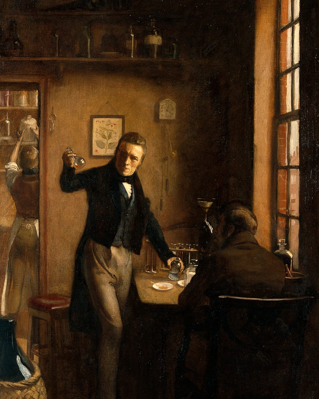 Pelletier e Caventou no laboratório, numa pintura posterior de Ernest Board (Wellcome Collection, CC BY 4.0).