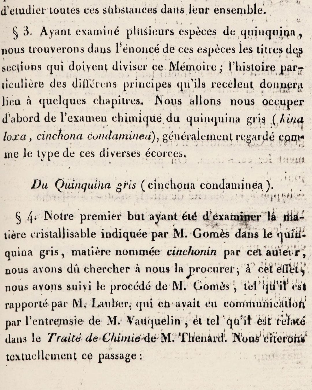 Página de Pelletier e Caventou, 1820: o primeiro objetivo era examinar «la matière cristallisable indiquée par M. Gomès» (Wellcome Collection, via Internet Archive; domínio público).