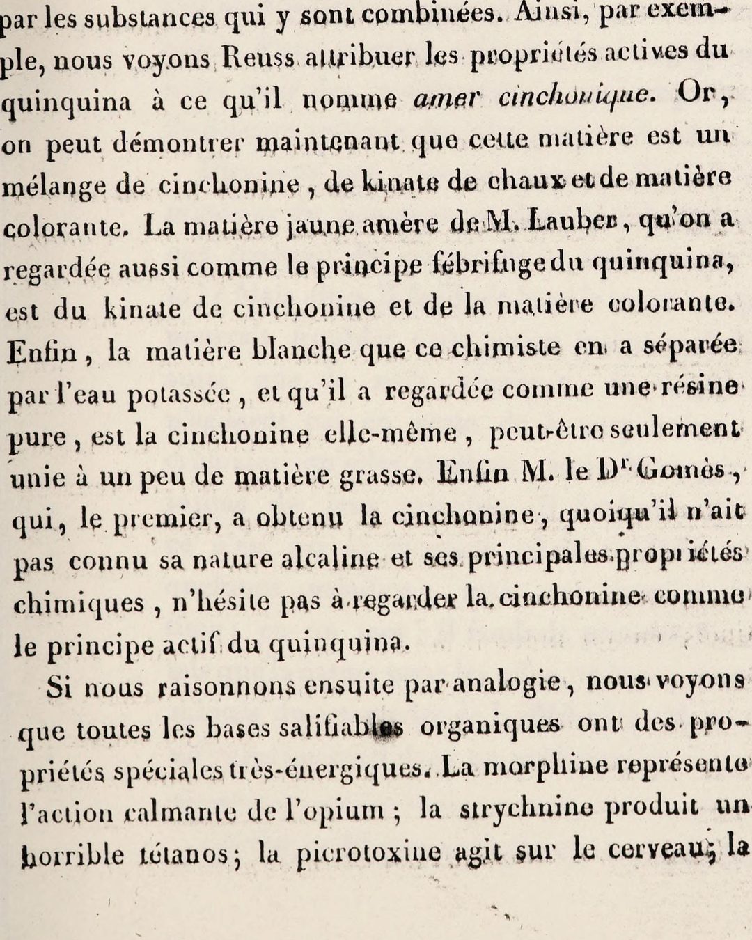 Pelletier e Caventou, 1820: «Enfin M. le Dr Gomès, qui, le premier, a obtenu la cinchonine» (Wellcome Collection, via Internet Archive; domínio público).