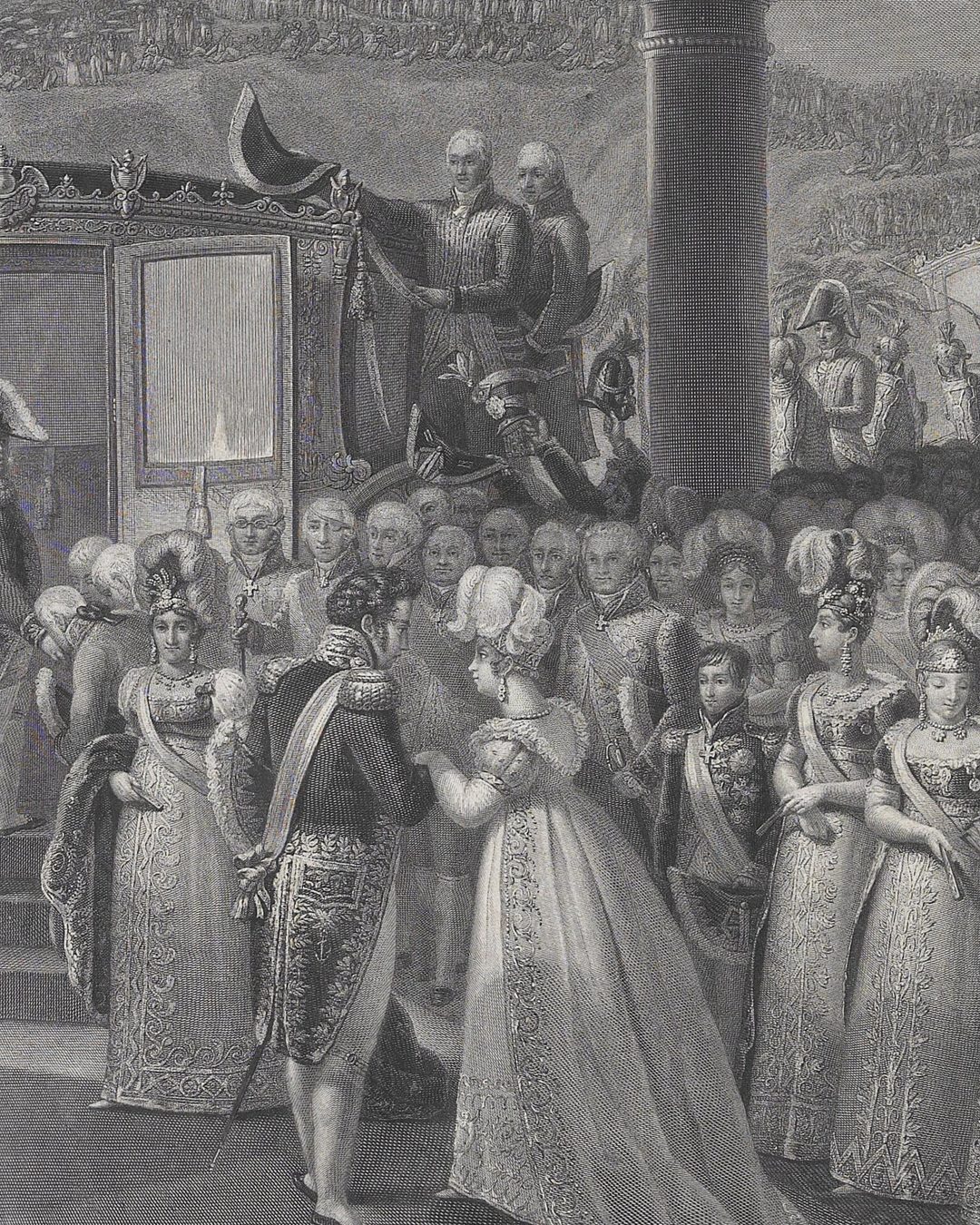 Desembarque da arquiduquesa Leopoldina no Rio de Janeiro, gravura de Pradier segundo Debret (Biblioteca Nacional de Portugal, domínio público).