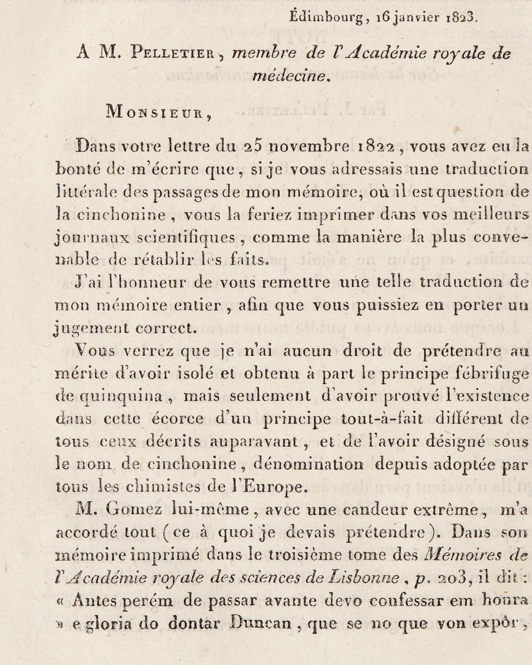 A carta de Andrew Duncan a Pelletier, datada de Edimburgo, 16 de janeiro de 1823, impressa no Journal de pharmacie (Wellcome Collection, via Internet Archive; domínio público).