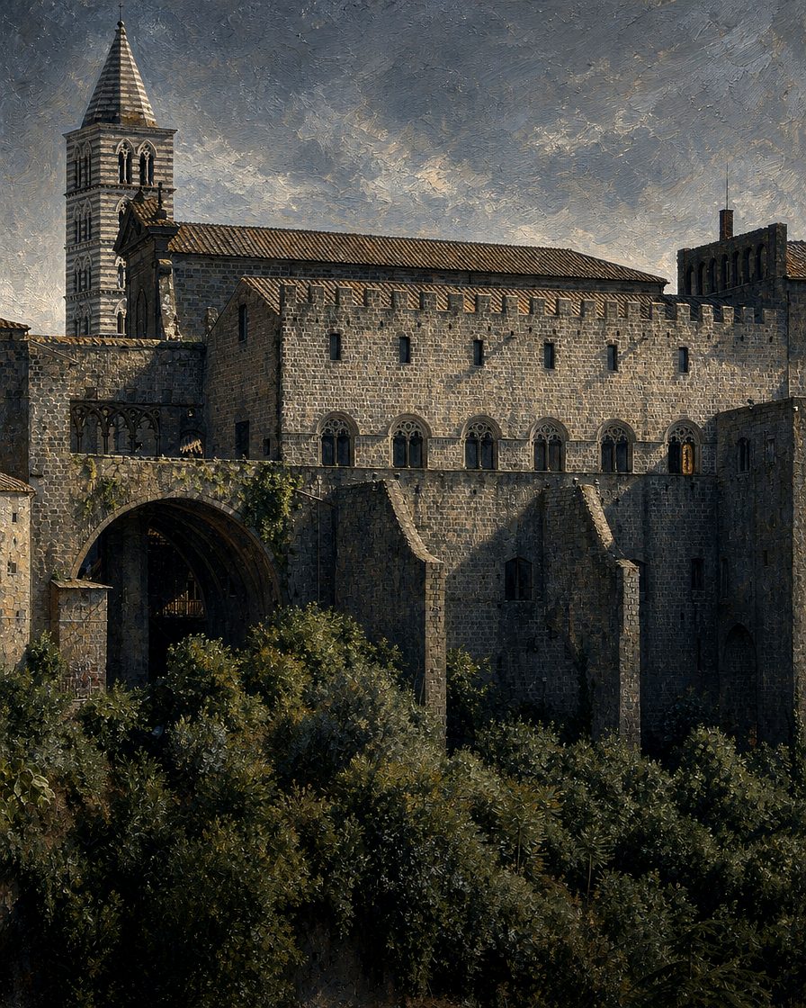 O Palácio dos Papas de Viterbo, sobre a sua falésia de tufo vulcânico, com o campanário listado da catedral de São Lourenço à esquerda. Foi aqui que Pedro Julião mandou acrescentar os aposentos onde queria estudar sossegado, e é na catedral ao lado que está sepultado. (Pintura a partir de uma fotografia real do local, de K.Weise, domínio público, via Wikimedia Commons: commons.wikimedia.org/wiki/File:PalPapiViterbo.JPG. A arquitetura foi preservada; a luz e a cor foram trabalhadas.)