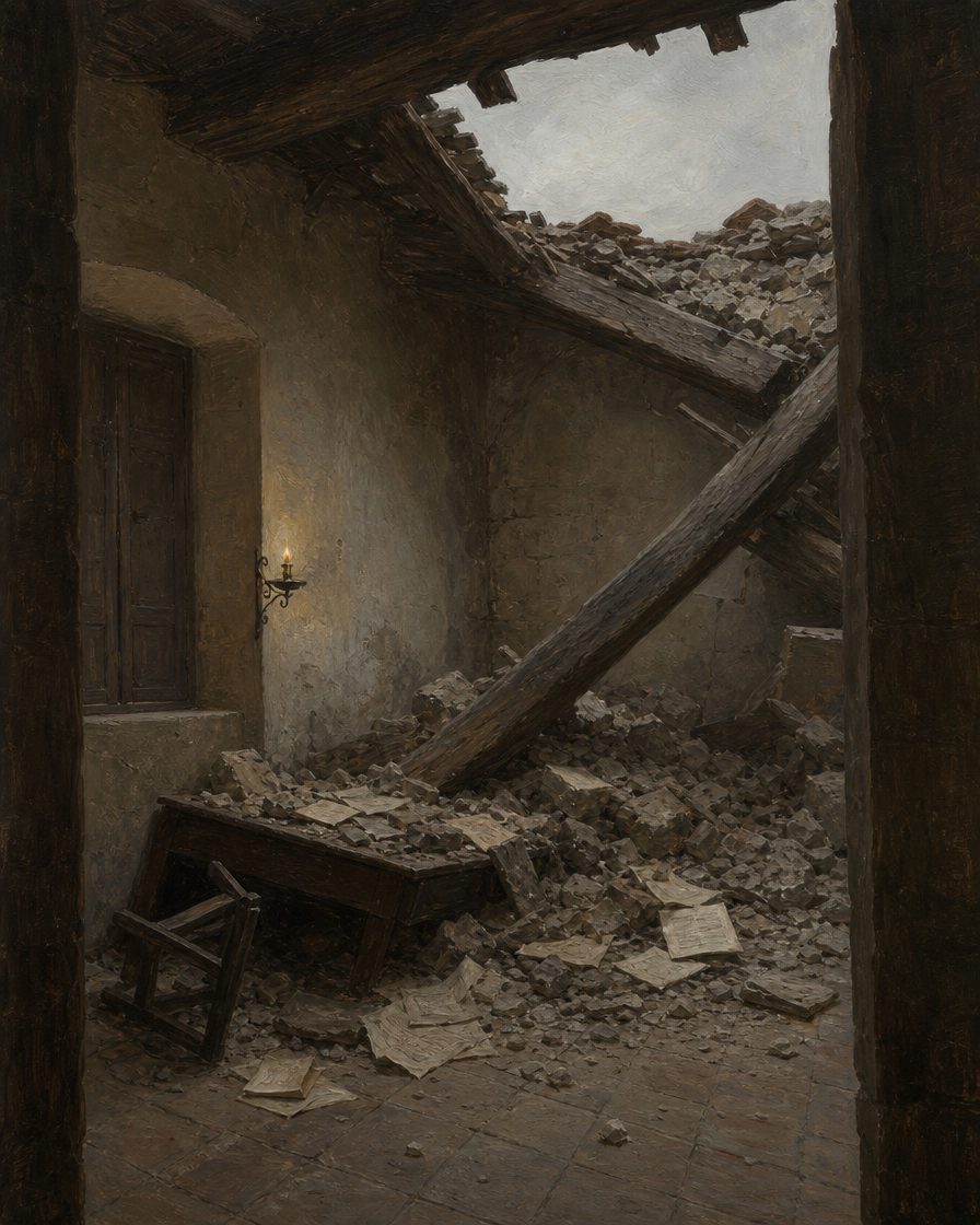 Evocação dos aposentos depois de o teto ceder, em maio de 1277. O papa foi retirado vivo dos escombros e morreu poucos dias depois. Não sobrevive qualquer descrição da sala: esta é uma evocação, não o registo do local. (Pintura.)