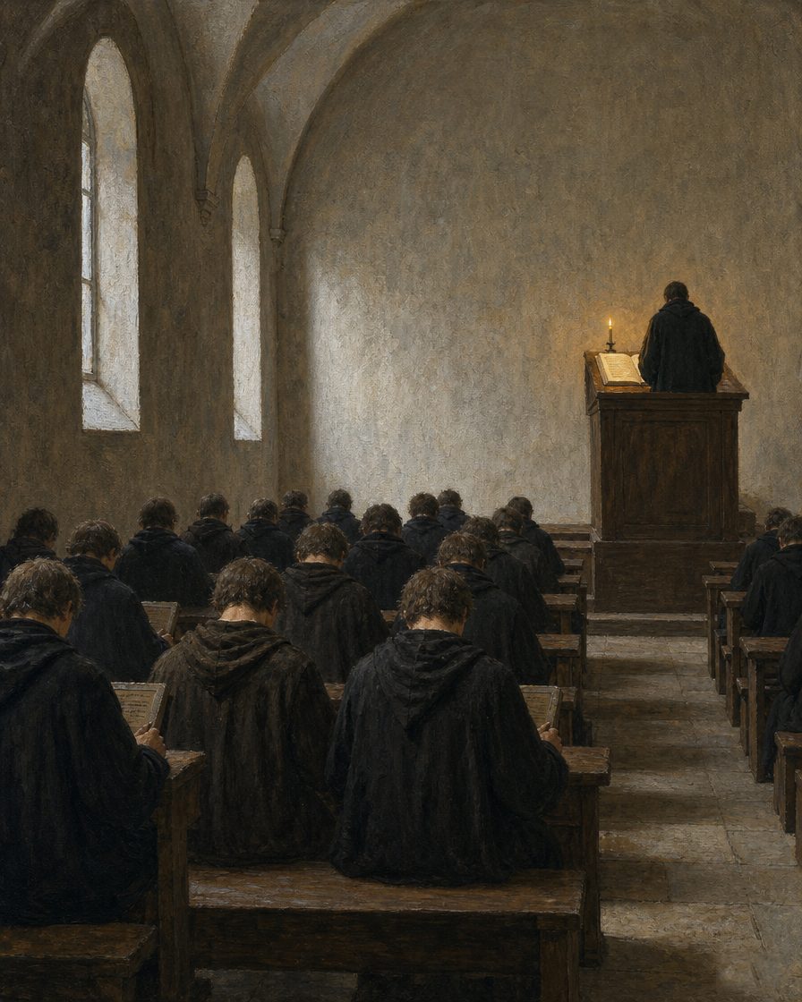 Uma sala de aulas universitária medieval. As «Summulae Logicales» foram manual de lógica nas universidades europeias durante séculos, e por elas se aprendeu a distinguir um argumento válido de um falso. Nenhuma das figuras representa Pedro Hispano ou qualquer pessoa identificável, e o livro aberto é deliberadamente ilegível: a autoria destas obras é precisamente o que está em disputa. (Pintura.)