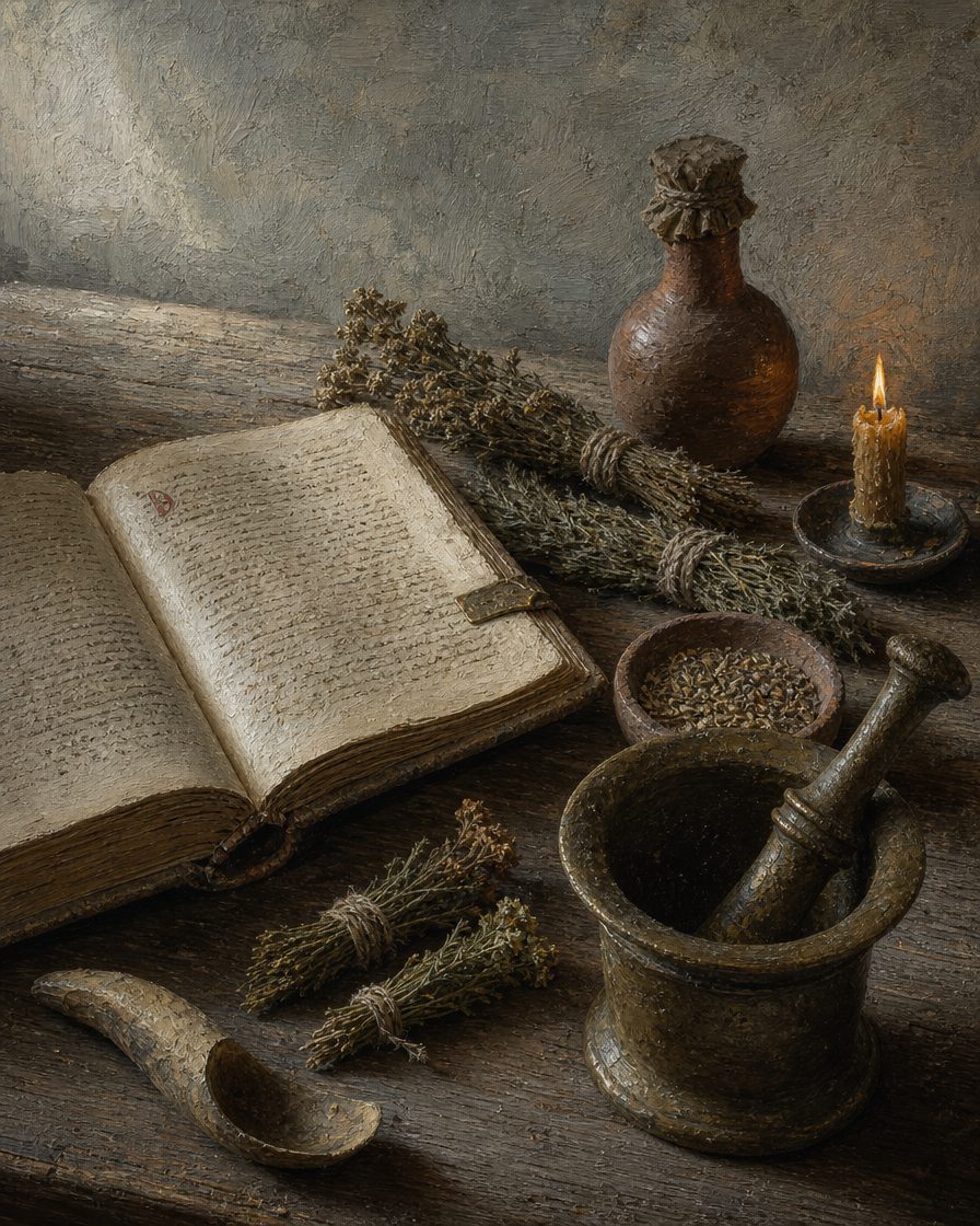 O «Thesaurus Pauperum», o Tesouro dos Pobres, reunia remédios ao alcance de quem não tinha meios para pagar um médico. É uma das obras **atribuídas** a Petrus Hispanus, e a atribuição é contestada. (Pintura.)