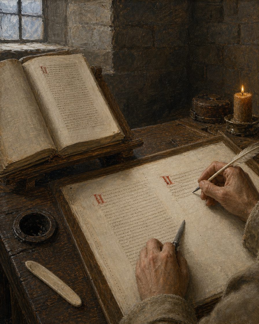 No século XI, uma entrada do «Liber Pontificalis» sobre o papa João XIV foi lida como se falasse de dois papas diferentes. A cena é uma evocação desse engano de transmissão: nenhum documento regista esta mesa, este copista ou este momento, e nenhuma palavra da página é legível. Foi por causa deste engano que Pedro Julião saltou o número vinte, e a lista dos papas continua sem um João XX. (Pintura.)