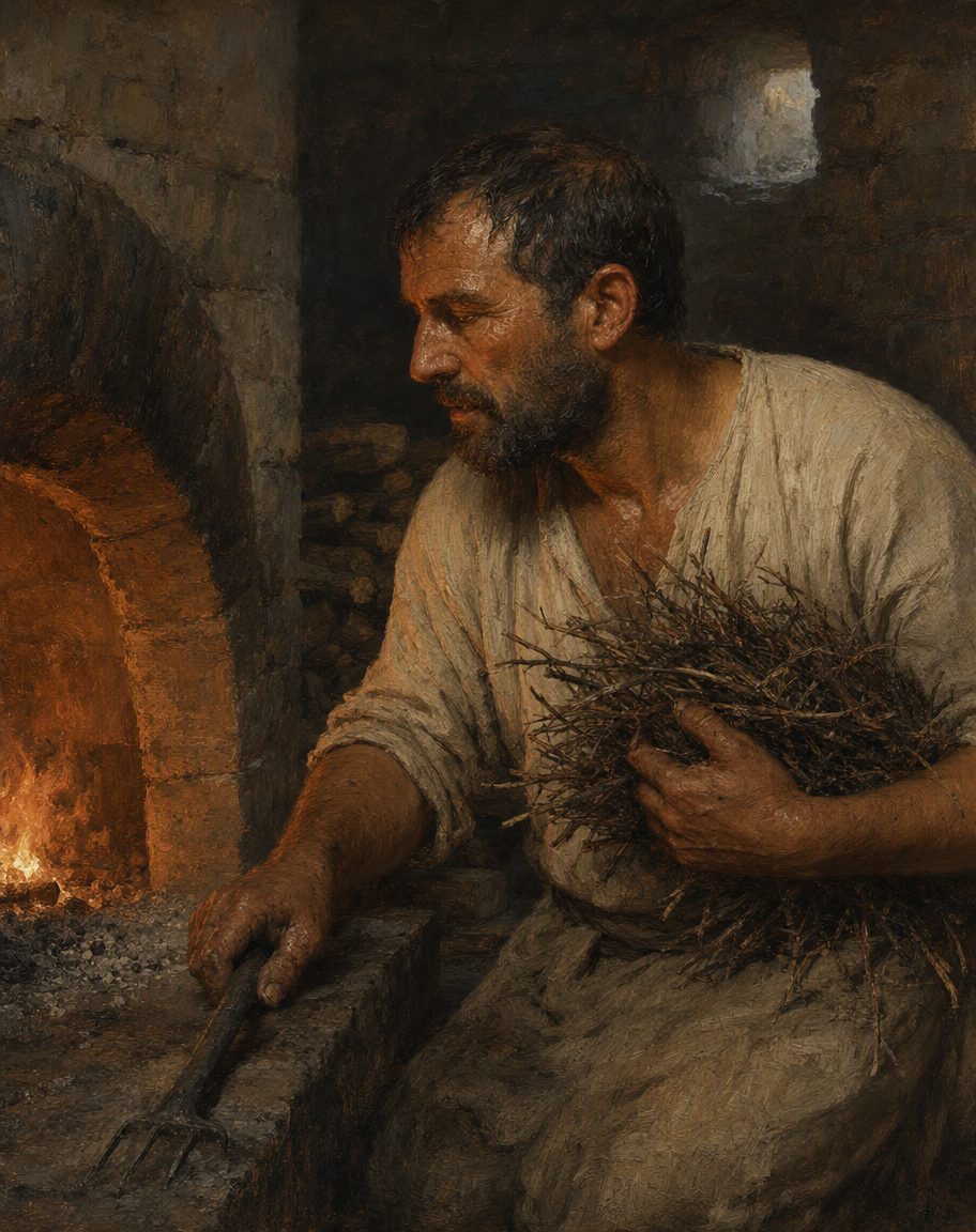 Alguém passava o dia a alimentar o fogo que aquecia o chão dos banhos. O compartimento da fornalha é um dos cinco espaços do complexo, a par da sala fria, da sala tépida, da sala quente e do vestíbulo. Pintura: cena de época imaginada, figura genérica, não é retrato de ninguém.