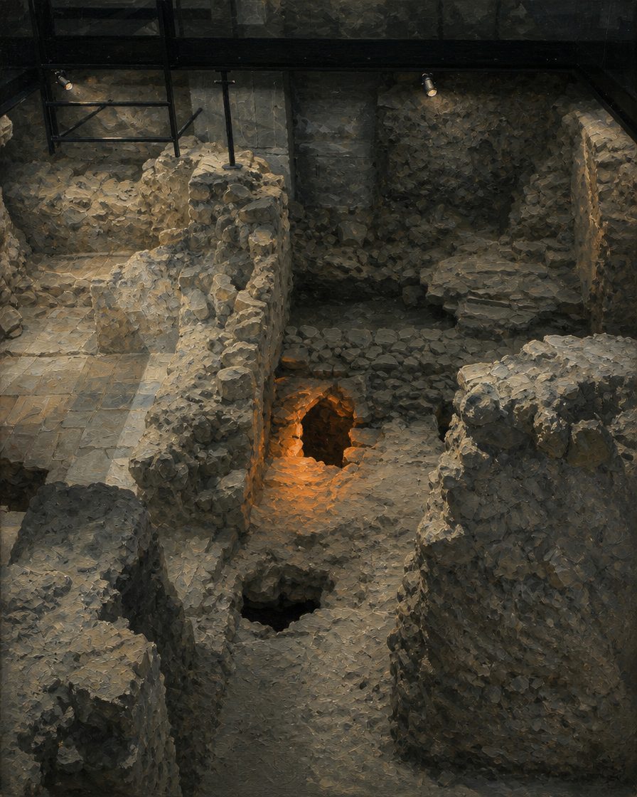 Uma das aberturas do sistema de aquecimento, hoje realçada pela iluminação do percurso. O calor corria sob o pavimento, pelo hipocausto, e subia pelas chaminés embutidas na parede: foram elas o primeiro indício de que aquele edifício não era uma casa. Pintura a partir de uma fotografia real do sítio (Pedroz16, CC0), com a luz alterada; as ruínas são as da fotografia.