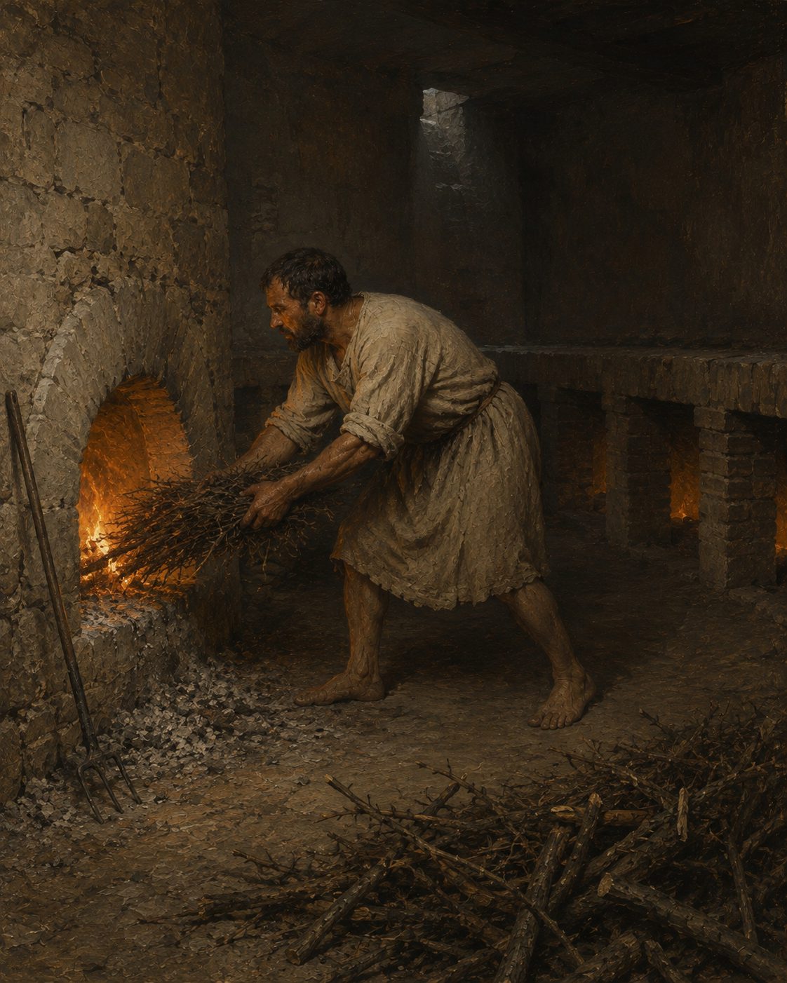 Chaminés dentro de uma parede não servem uma cozinha: conduzem vapor. Foi por elas que se identificou a sala quente e, por baixo do pavimento, o hipocausto que a aquecia. Reconstituição imaginada, pintura; a mesma figura genérica da primeira imagem, que não é retrato de ninguém.