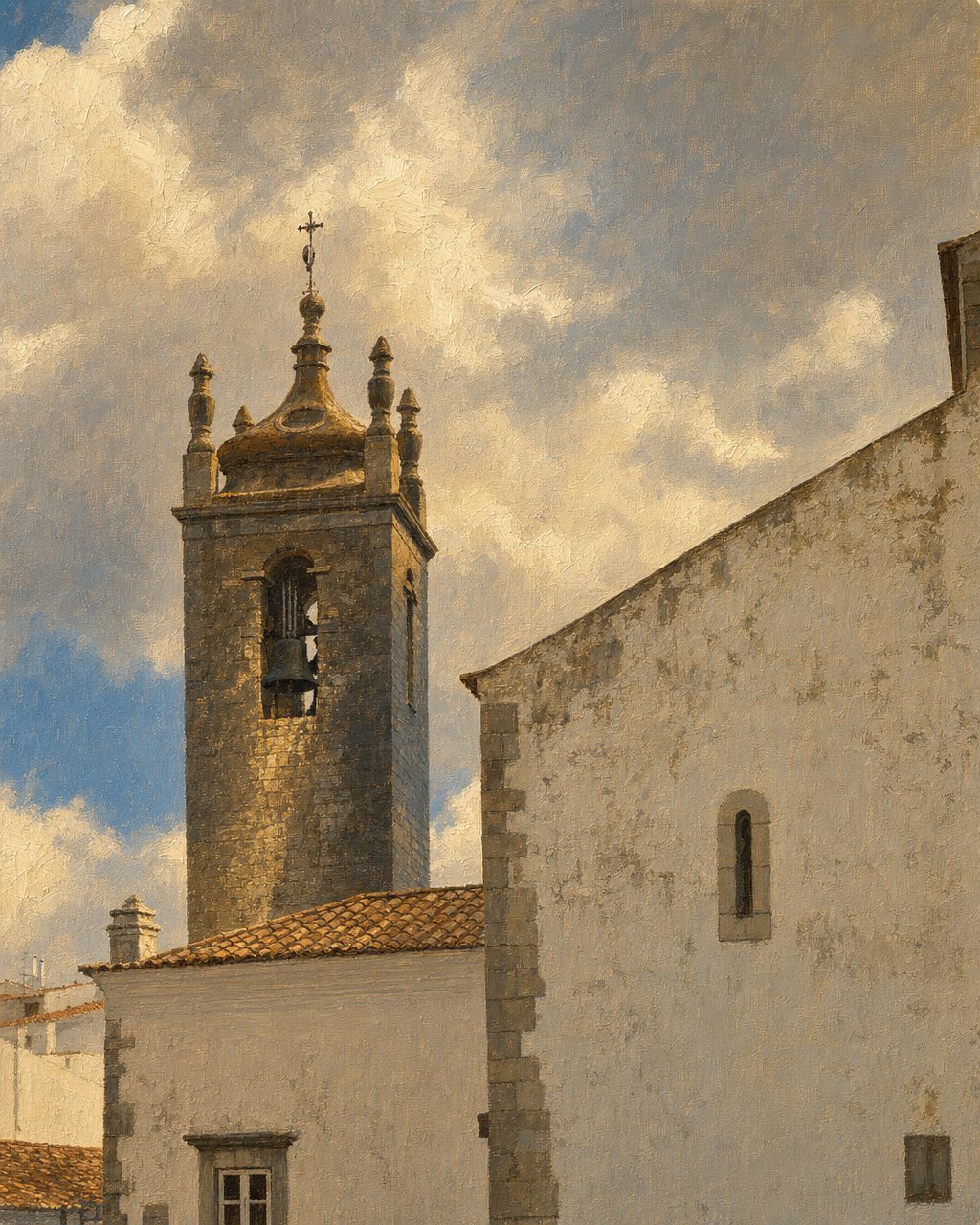 Da mesquita de Al-'Ulyà sabia-se o sítio, porque o minarete ficou de pé e passou a torre sineira da igreja matriz, dedicada a São Clemente. Dos banhos não havia morada nenhuma: as fontes escritas não fazem qualquer menção à localização de um hammam. Pintura a partir de uma fotografia real da Igreja Matriz de Loulé de Gomera-b, CC BY-SA 4.0, recortada e com a luz mudada para o fim da tarde; a arquitetura é a da fotografia.