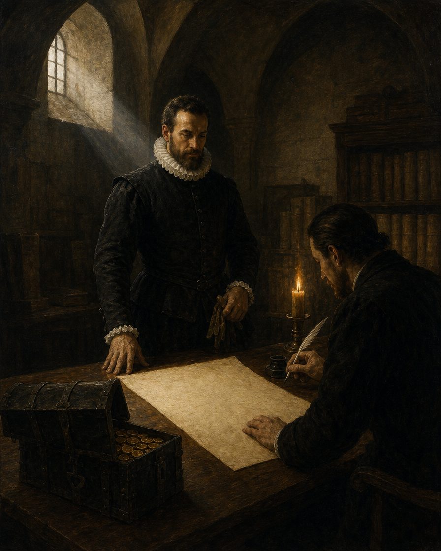 A 19 de julho de 1606, D. Filipe II de Portugal vendeu o Ofício de Correio-mor a Luís Gomes Elvas Coronel, por setenta mil cruzados, com registo na chancelaria régia. Pintura. evocação, não retrato.