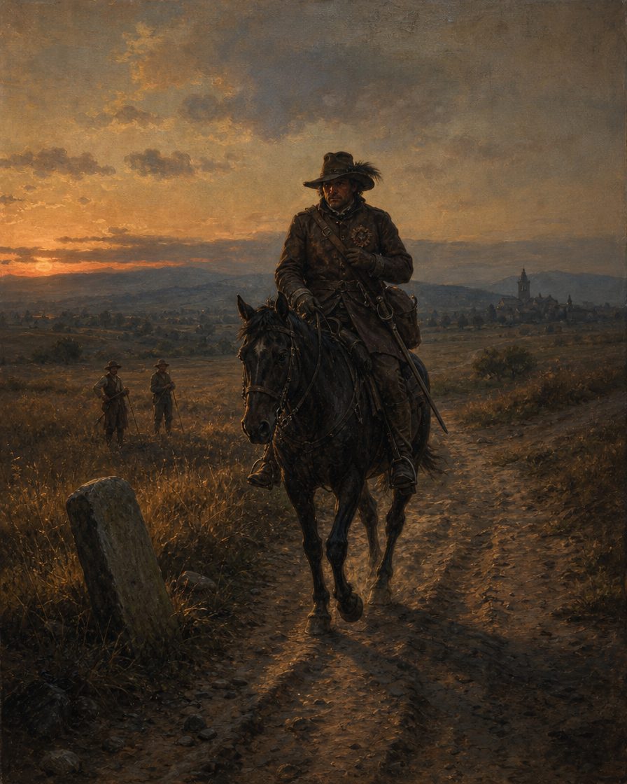 As cartas de nomeação descrevem os correios do reino: as armas reais no vestuário, espada e punhal de dia e de noite, e ninguém os podia prender em viagem, salvo por crime. Pintura. evocação, não registo.