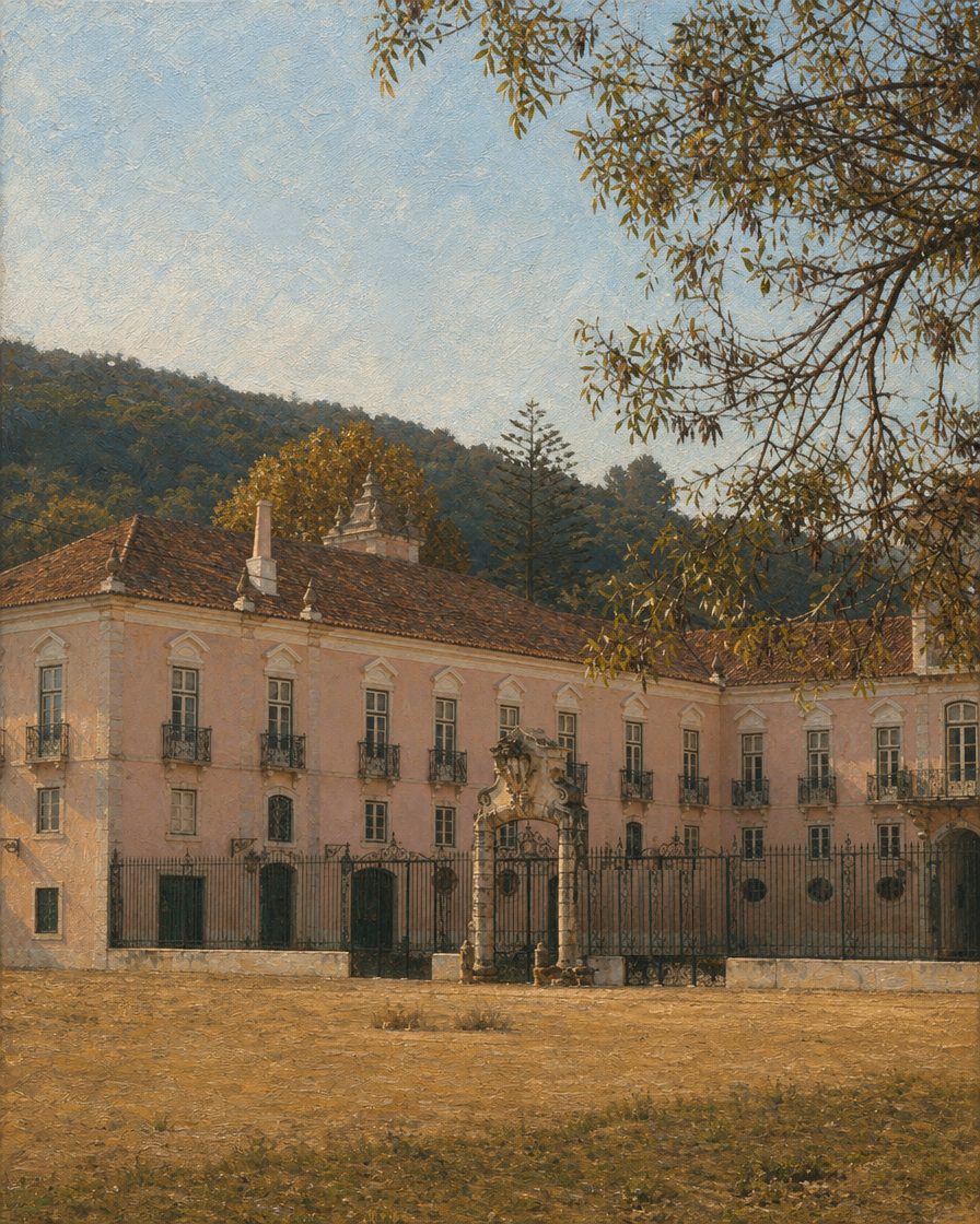 O Palácio do Correio-Mor, em Loures, obra de gerações na quinta que deu o nome à família Mata; a grande campanha de obras concluiu o palácio em 1766. Pintura a partir de fotografia real do monumento, de Paulo Juntas (Wikimedia Commons, CC BY-SA 3.0).