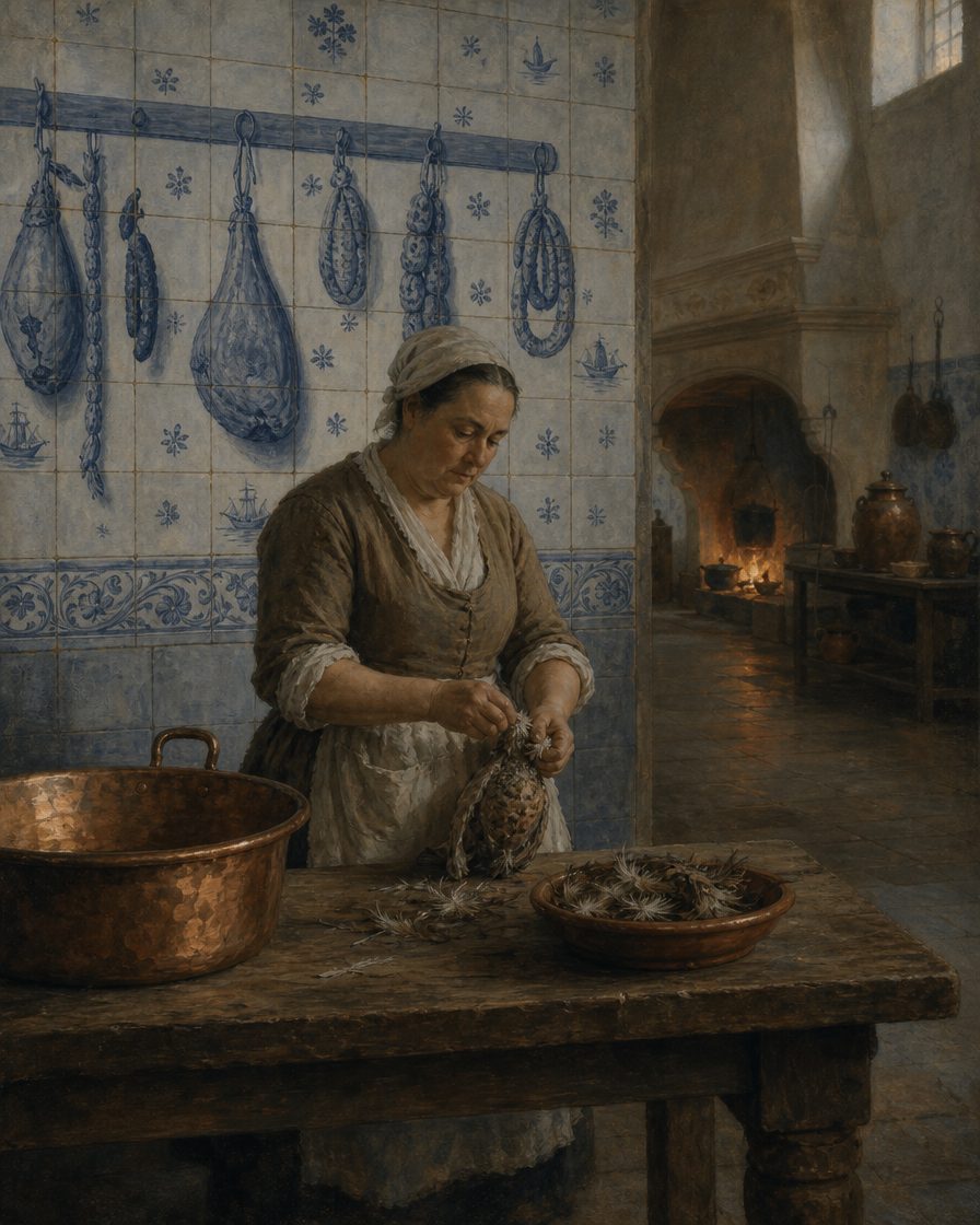 A cozinha do palácio, forrada de azulejos com peças de caça e enchidos pintados; a decoração dos interiores arrastou-se até 1790. Pintura. evocação, não registo.
