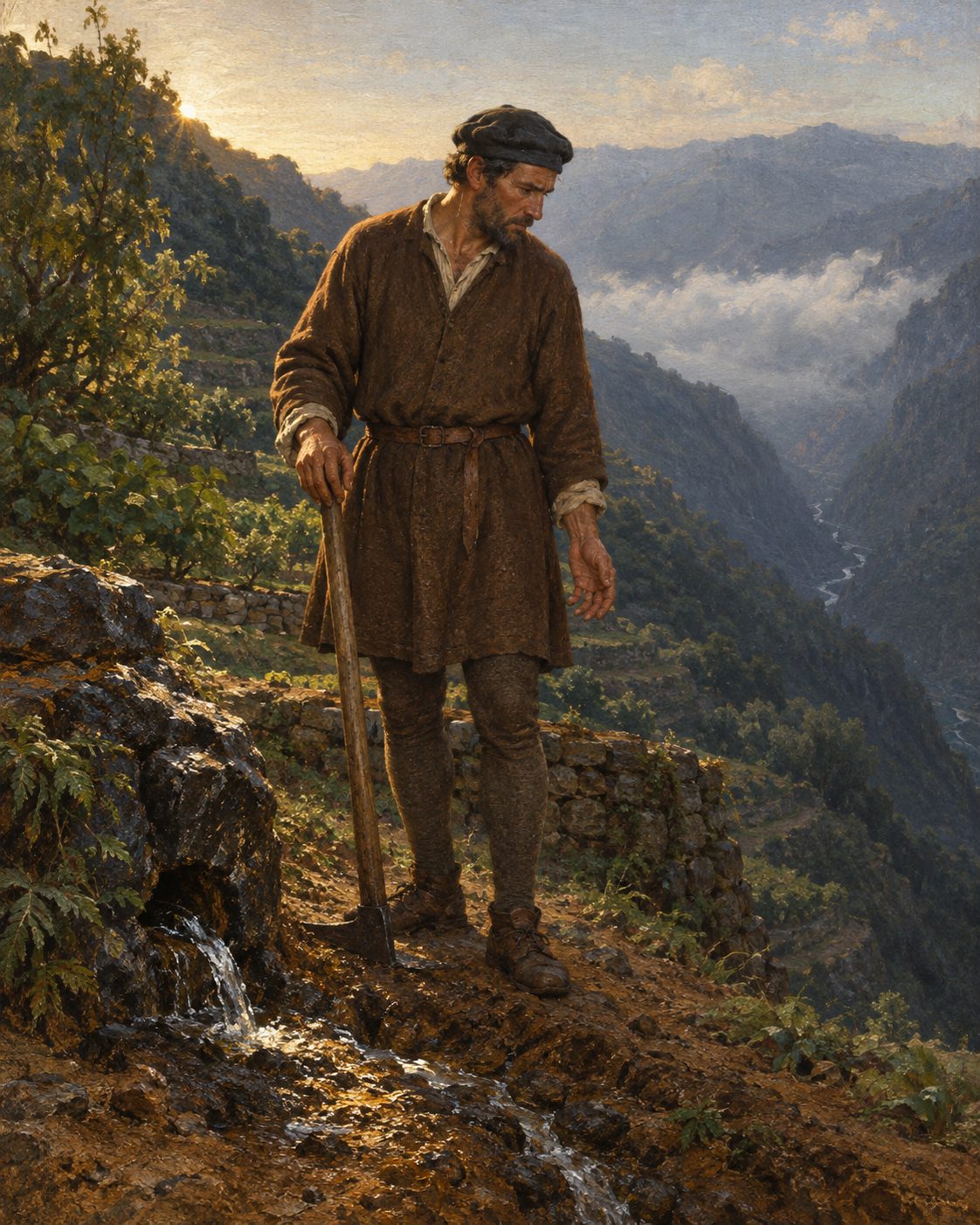 Um proprietário sobre o muro da sua terra, ao amanhecer, a olhar a nascente que lhe brota do chão e desce para a ribeira. Pela provisão de 1493, a água que ali nasce não lhe pertence. Pintura.