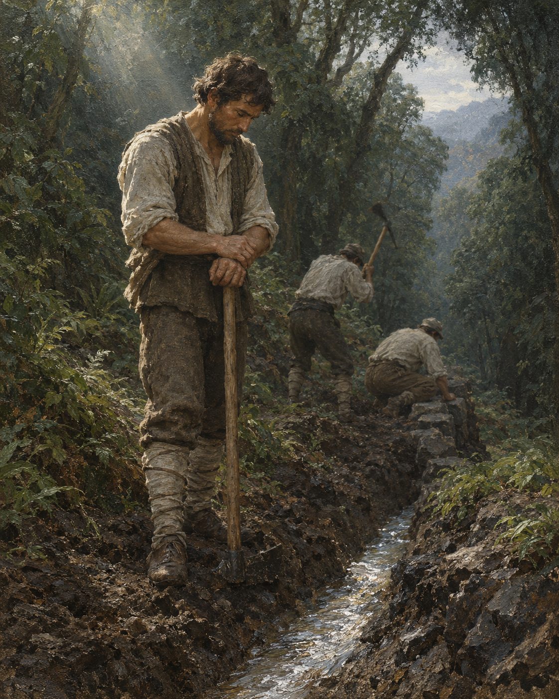 Povoadores abrem um canal raso pela encosta, dentro da floresta de laurissilva. As primeiras levadas datam do início do povoamento, no século XV, e serviam para levar a água das ribeiras até aos terrenos agrícolas mais afastados. Pintura.
