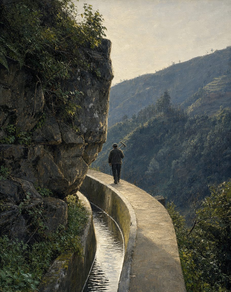 A levada como hoje se encontra: o canal de alvenaria e o caminho de serviço que o acompanha, encostados à rocha. Pintura a partir de uma fotografia real da Levada Nova, de Harald Lordick (CC BY-SA 3.0).