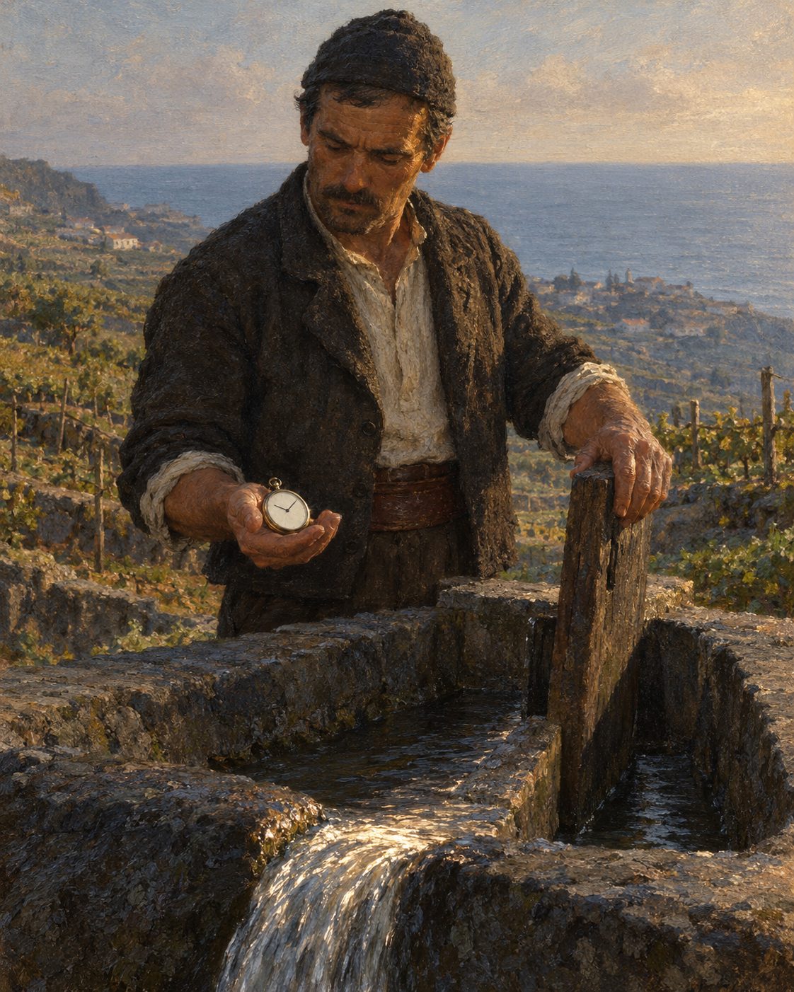 Um levadeiro no partidor, com o relógio numa mão e a tábua de água na outra. O que uma propriedade tem não é a água: é uma hora dela, no giro de quinze em quinze dias. Pintura.