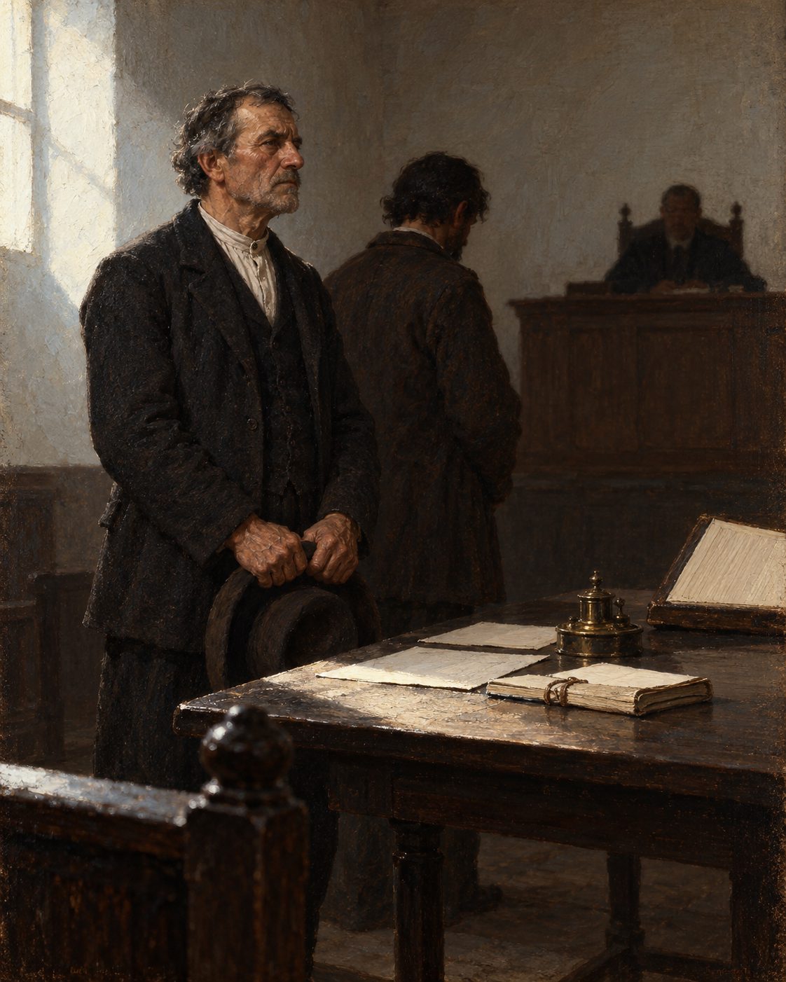 Dois lavradores diante do juiz, num tribunal de comarca. Em 1912, três deputados escreviam que as questões de posse e propriedade de águas eram, na ilha, as que no foro se dirimiam com mais frequência. Pintura.