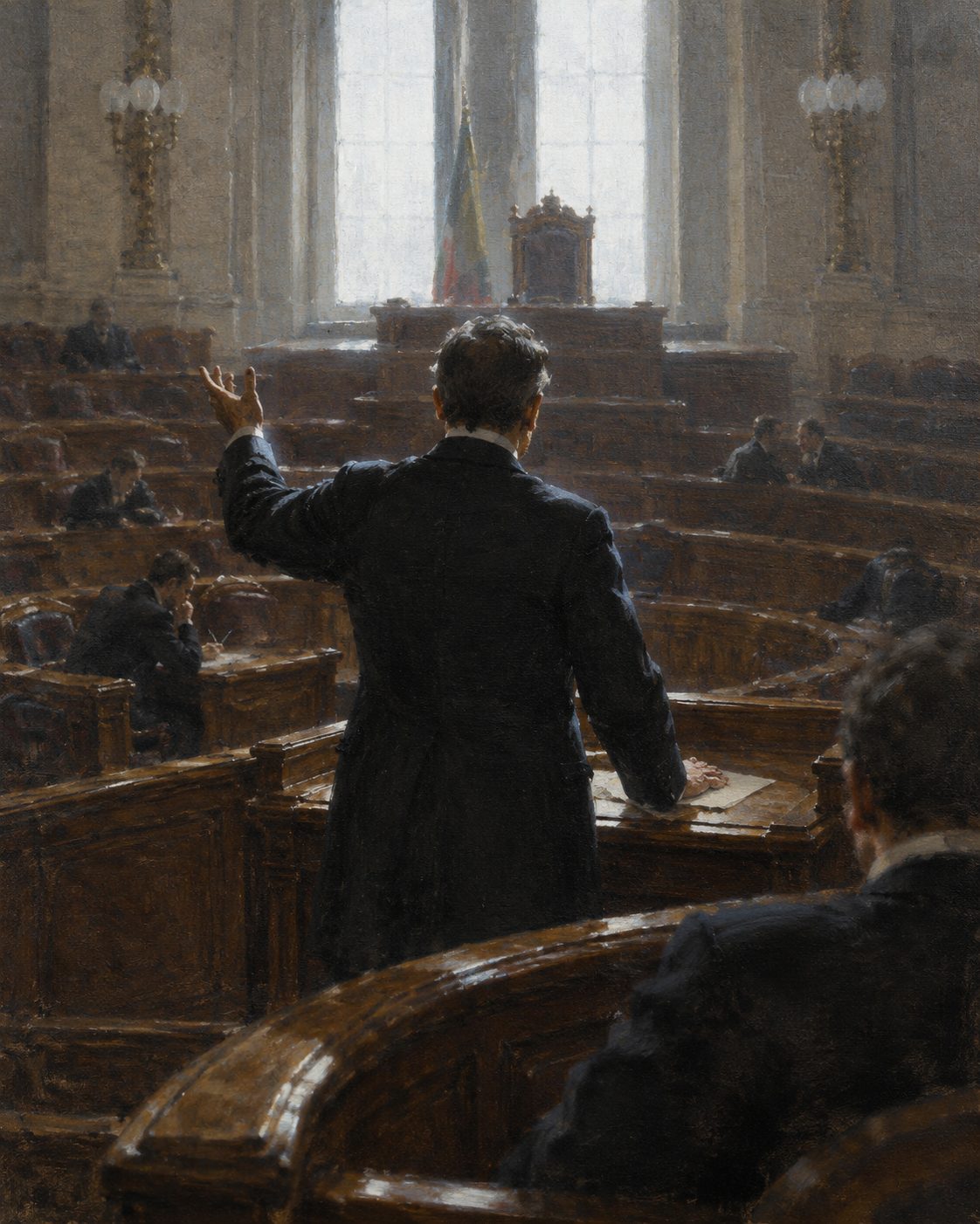 Evocação pintada de uma sessão da Câmara dos Deputados, em Lisboa. A 20 de maio de 1912, três deputados apresentaram um projeto de lei sobre as águas da Madeira: as águas pertencem, não aos donos dos prédios em que nascem, mas aos canais ou levadas que as utilizam.