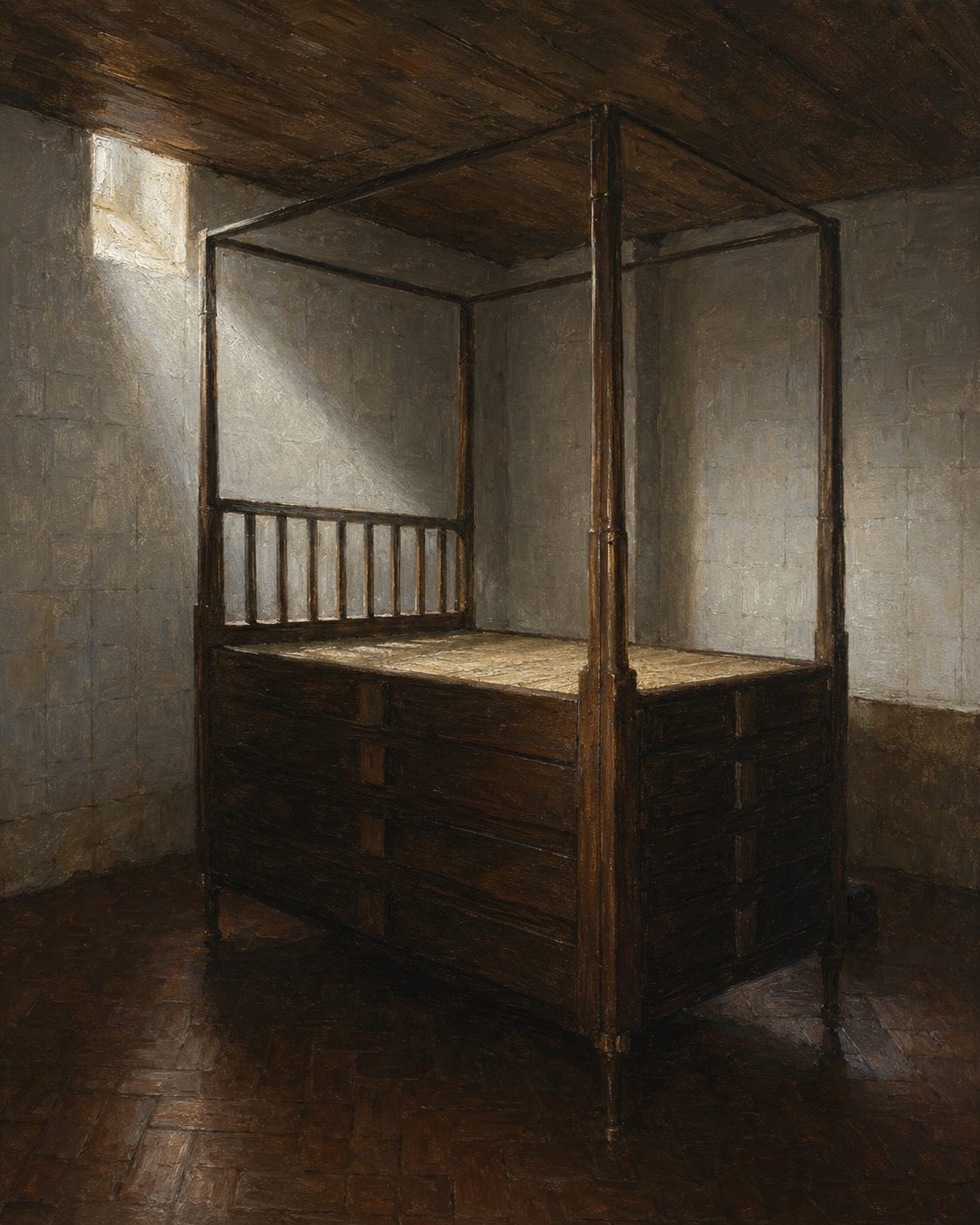 A cama de abas articuladas: levantavam-se as abas para o doente em delírio não cair. Pintura criada por IA a partir de fotografia real (© PNM/DGPC) da peça que sobrevive.