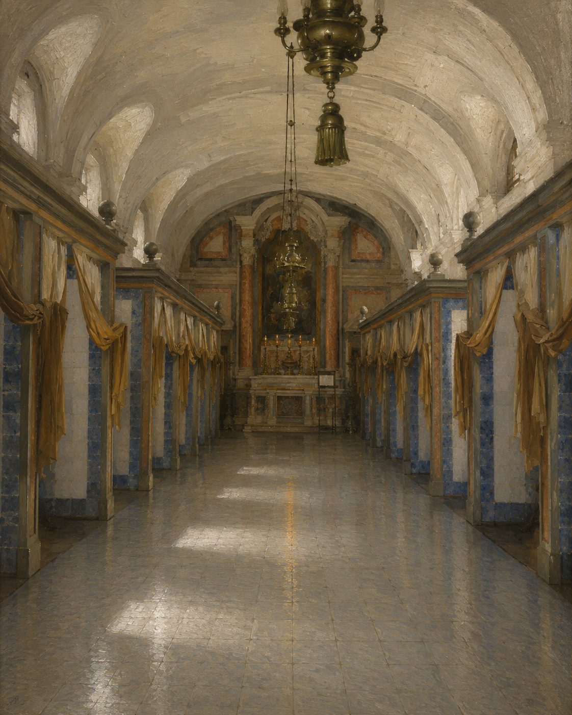 O sino que de manhã trazia o médico e, a outras horas, anunciava que um irmão estava a morrer: o sino da agonia. Pintura criada por IA a partir de fotografia real (© PNM/DGPC).