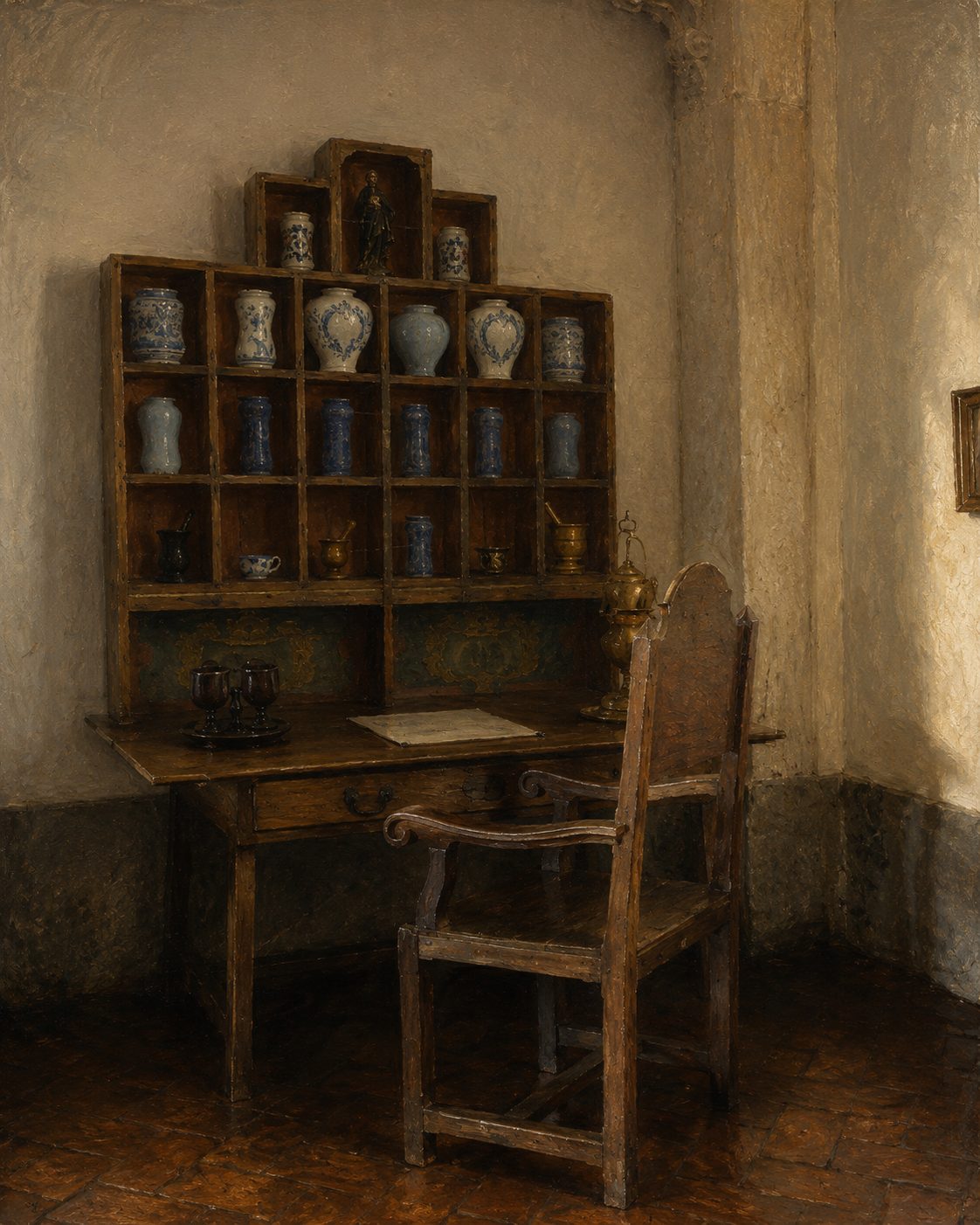 A botica, a Casa do Fogo: o laboratório onde se preparavam os remédios com ervas e raízes da cerca. Pintura criada por IA a partir de fotografia real (© PNM/DGPC).