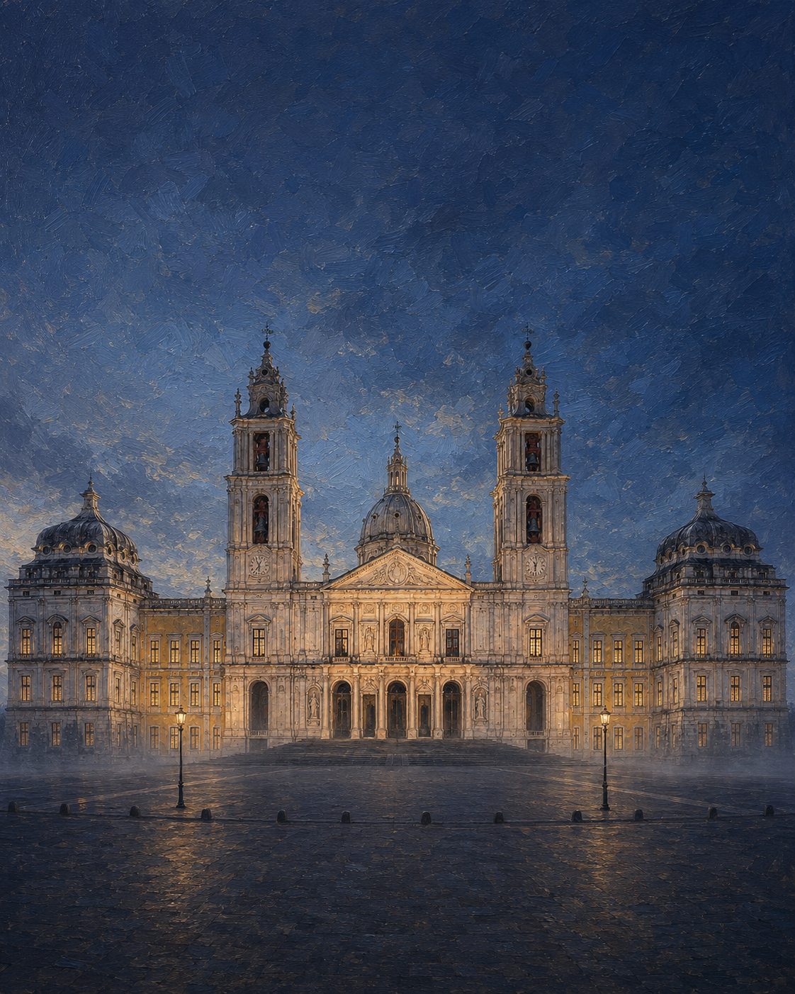 O palácio-convento de Mafra, erguido por D. João V com o ouro do Brasil. Foi a esta terra que, em 1770, a corte russa estendeu a mão. Pintura criada por IA a partir de uma fotografia real do monumento.