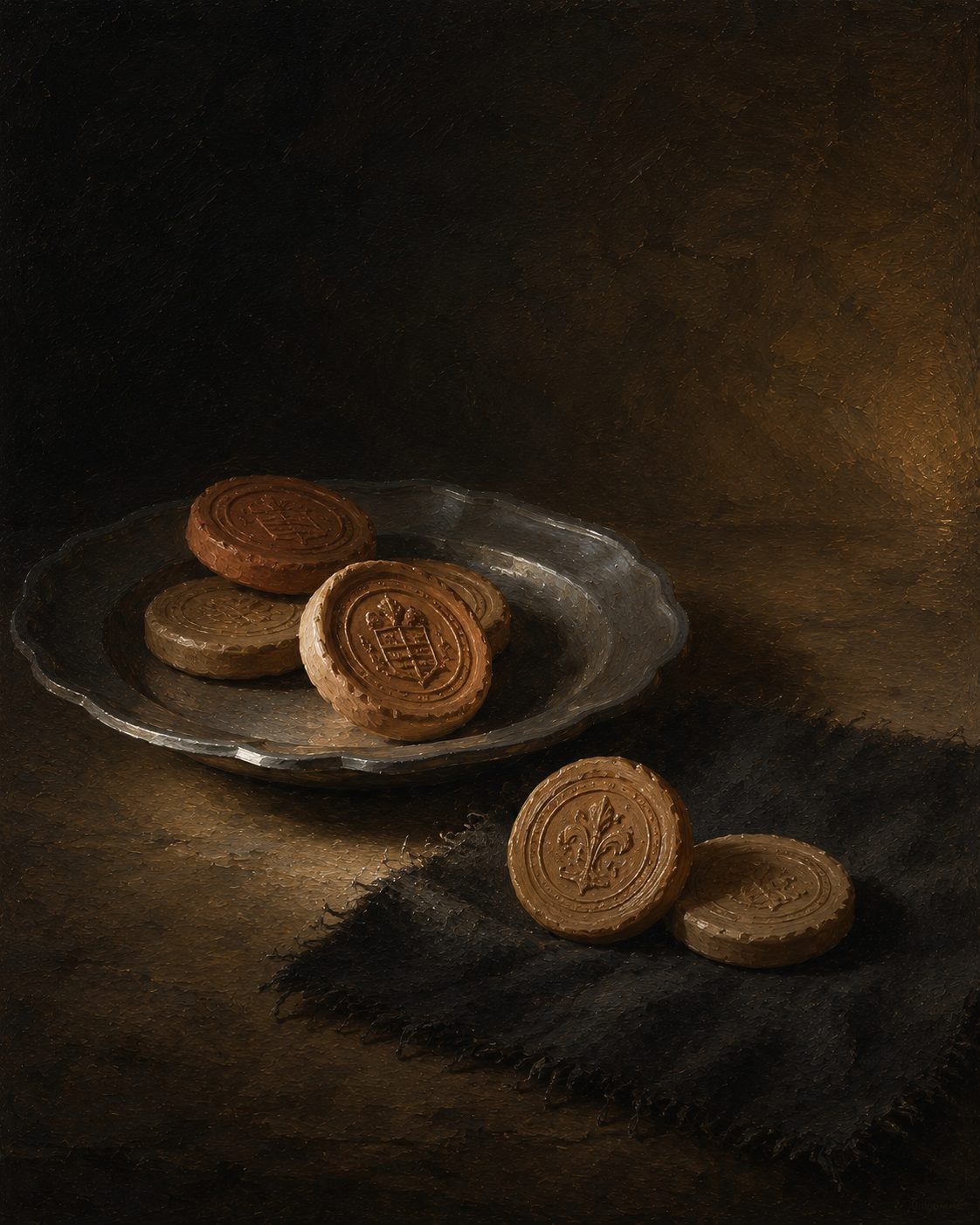 As «terras seladas»: argilas medicinais moldadas em pastilhas e marcadas com um selo. Durante quase dois mil anos, a Europa tomou-as contra venenos e pestes. Pintura criada por IA.