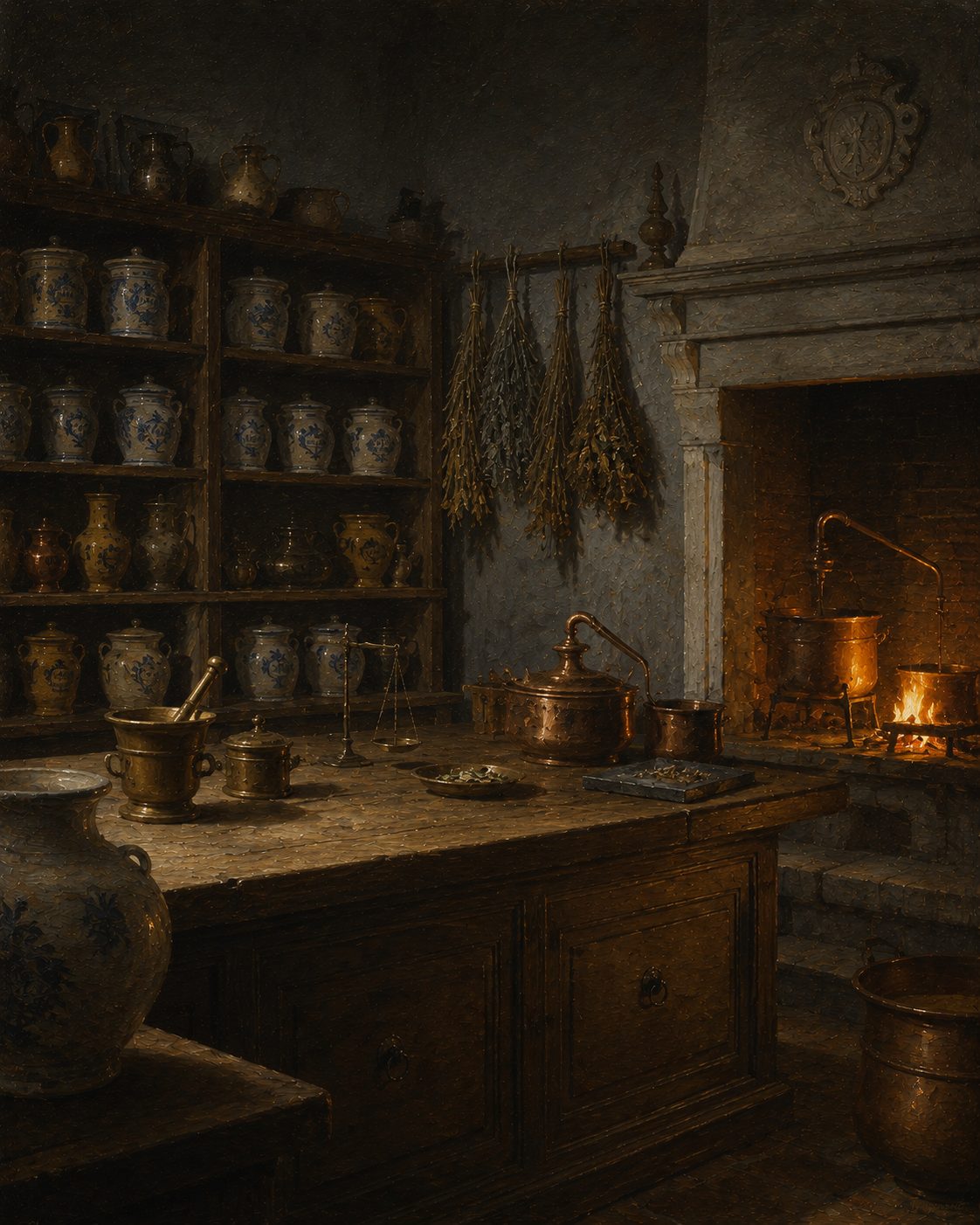 A botica do convento, a Casa do Fogo: o laboratório onde os frades preparavam os remédios com as ervas e as raízes da cerca. Pintura criada por IA.