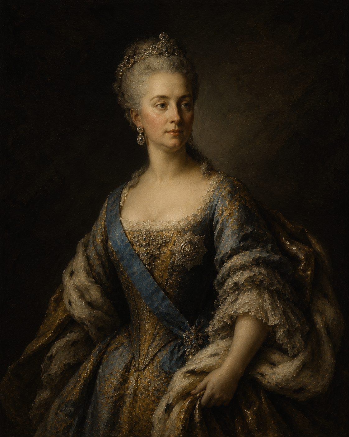 Catarina, a Grande, imperatriz da Rússia: a mesma mão que dois anos antes se deixara inocular pediu agora um punhado de terra. Pintura criada por IA (interpretação, não um retrato de época).