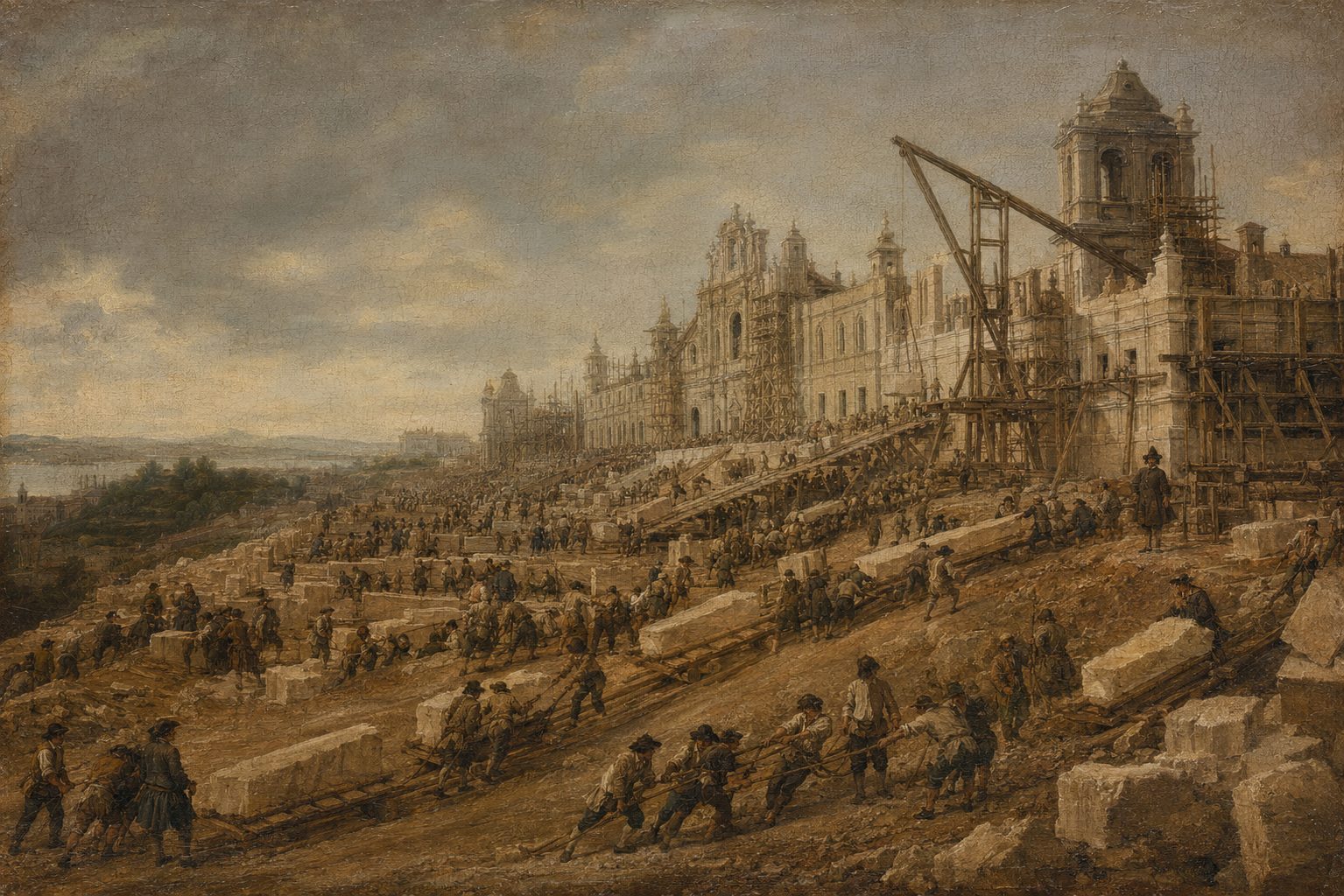 O estaleiro: quarenta e cinco mil homens a erguer o convento.